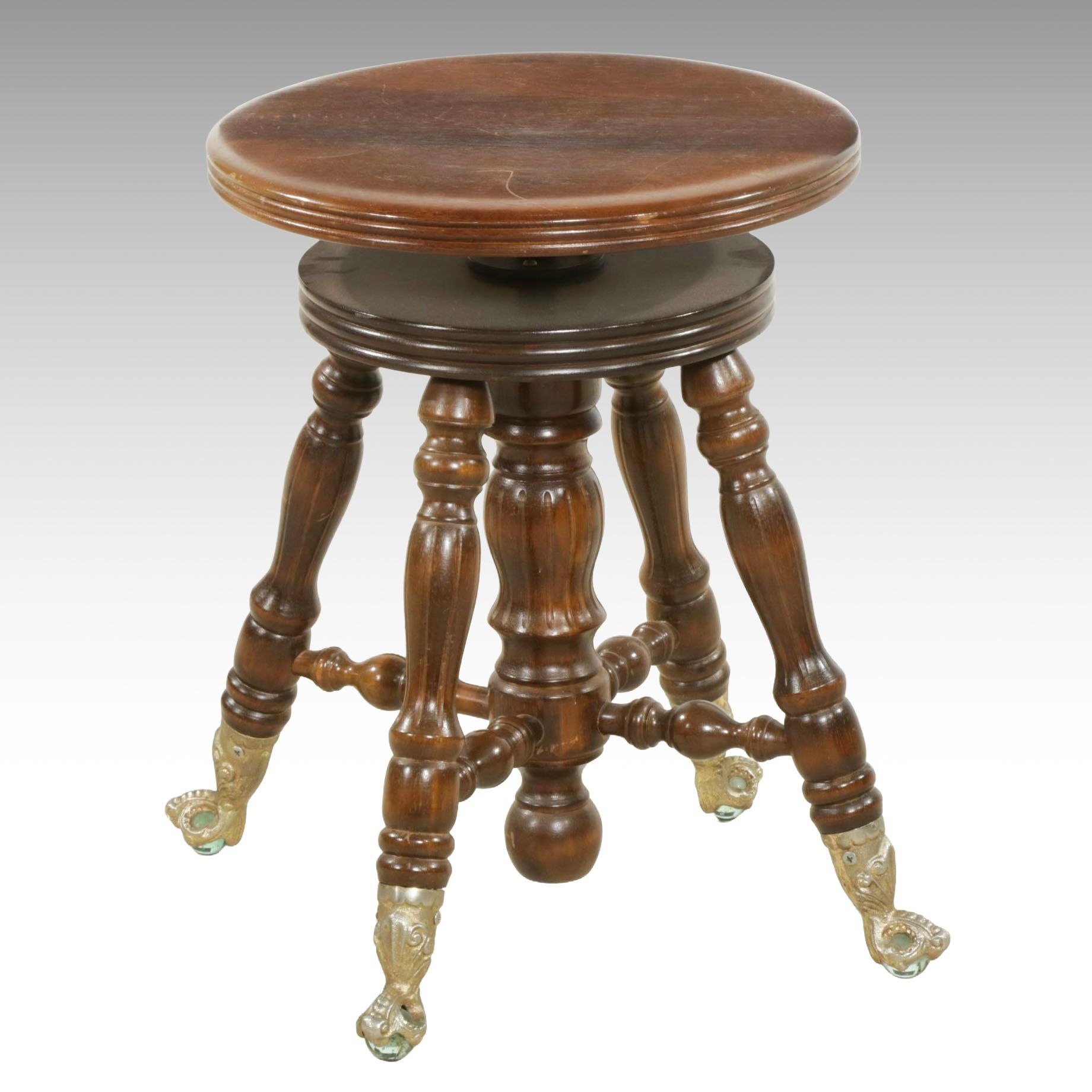 Victorian Style Adjustable Piano Stool with Glass Ball Feet, Late 20th Century