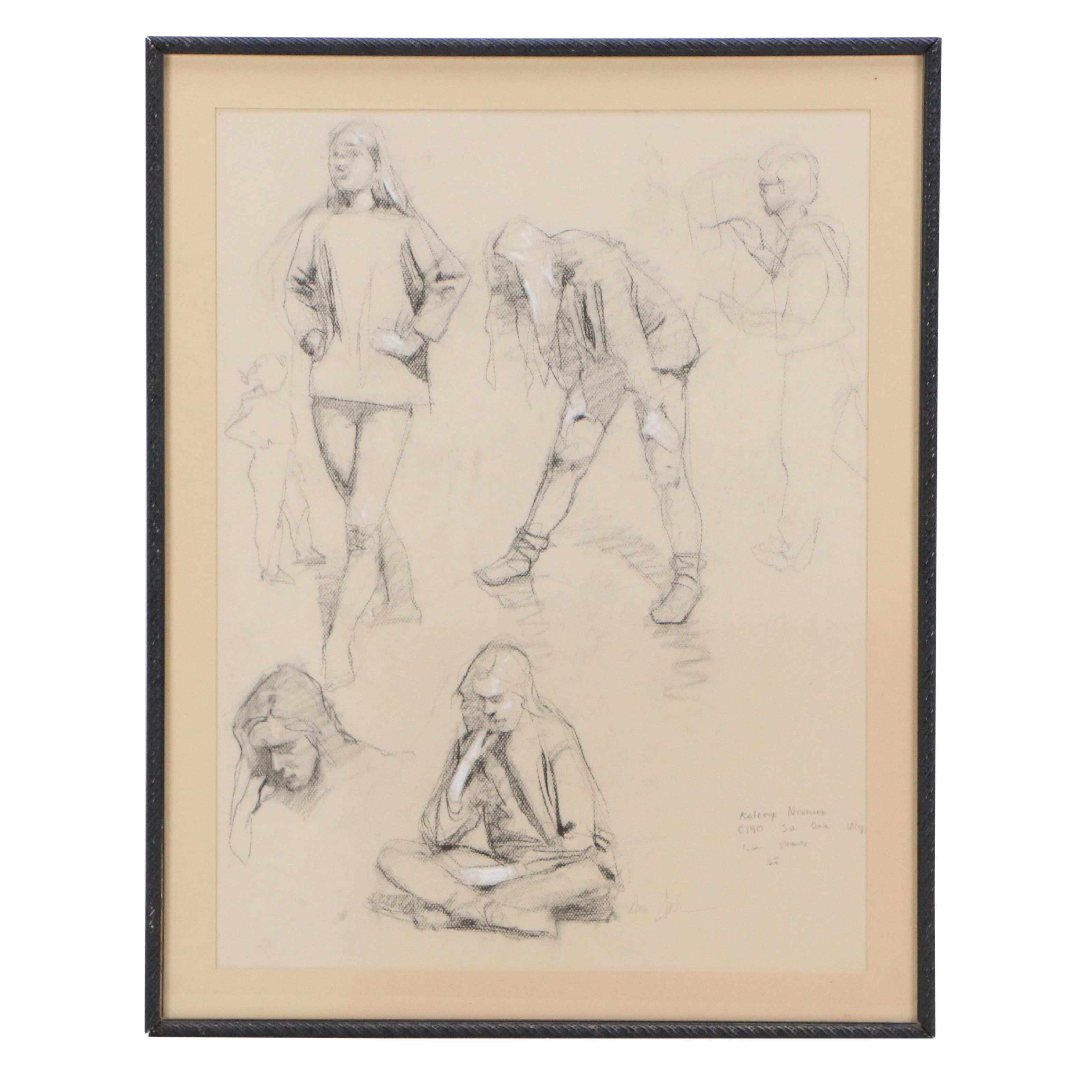 Daniel Sprick Charcoal and Pastel Drawing of Figure Studies