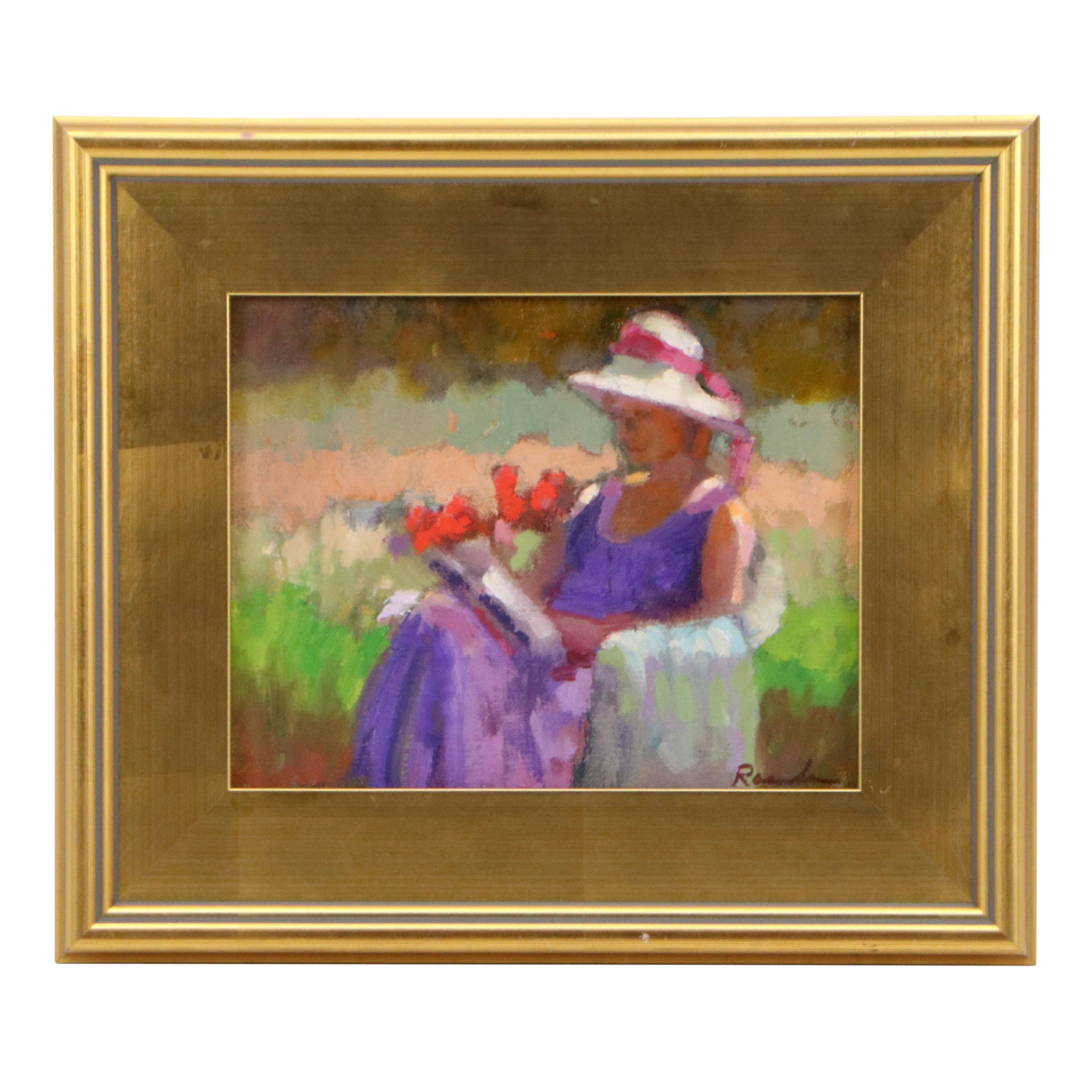 Sally Rosenbaum Impressionistic Oil Painting of Woman Reading in Garden, 21st C.