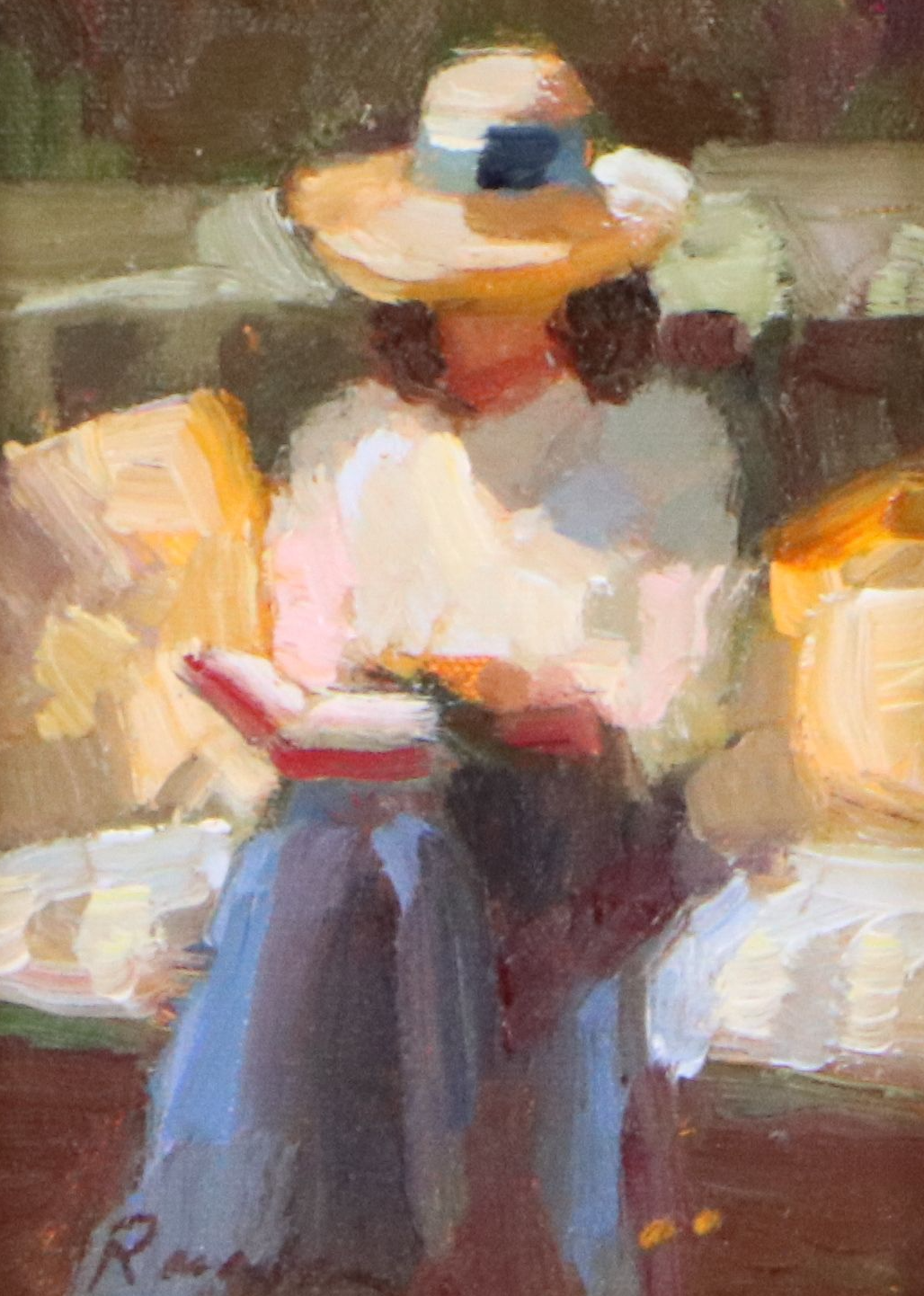 Sally Rosenbaum Impressionistic Oil Painting of Woman Reading in Garden, 21st C.