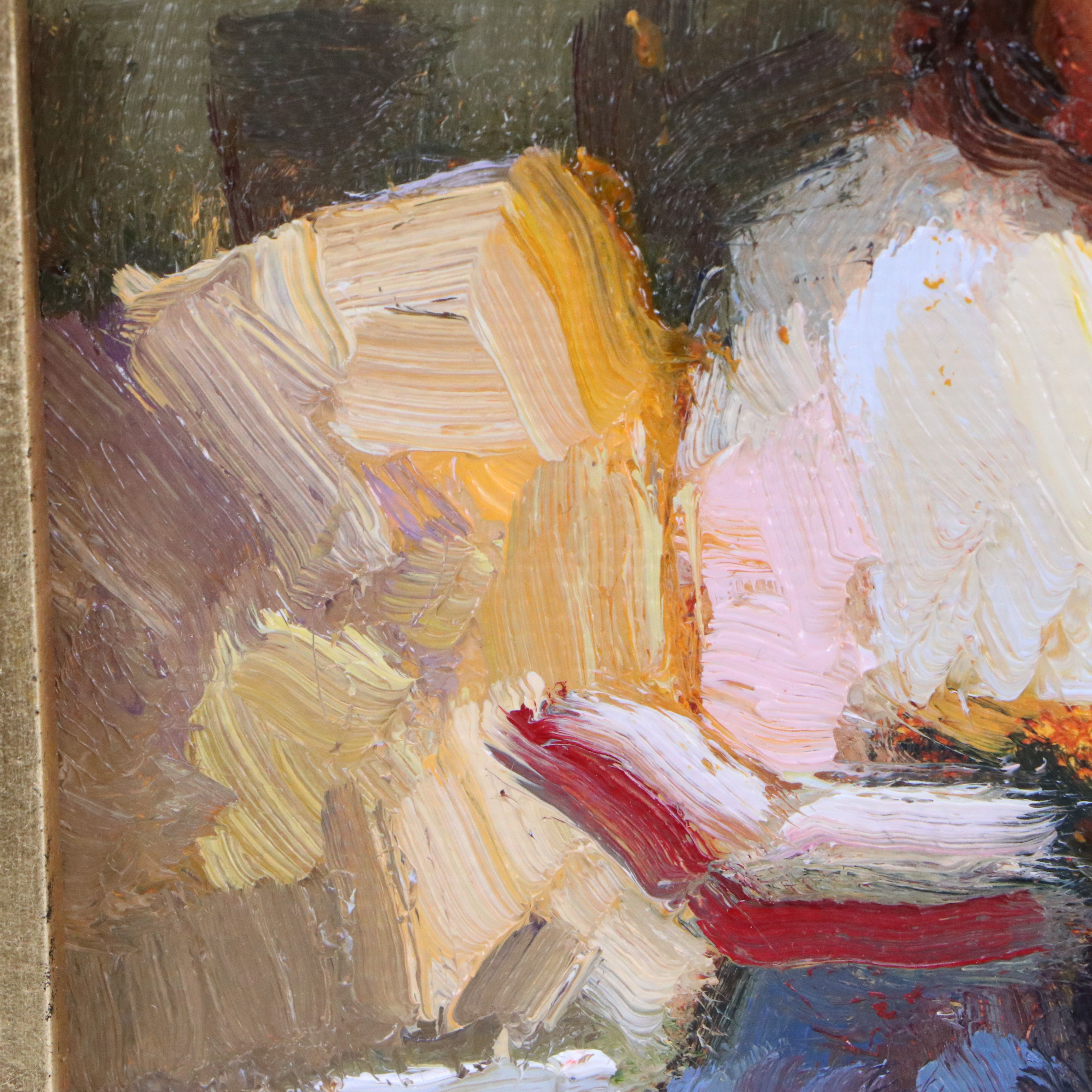 Sally Rosenbaum Impressionistic Oil Painting of Woman Reading in Garden, 21st C.