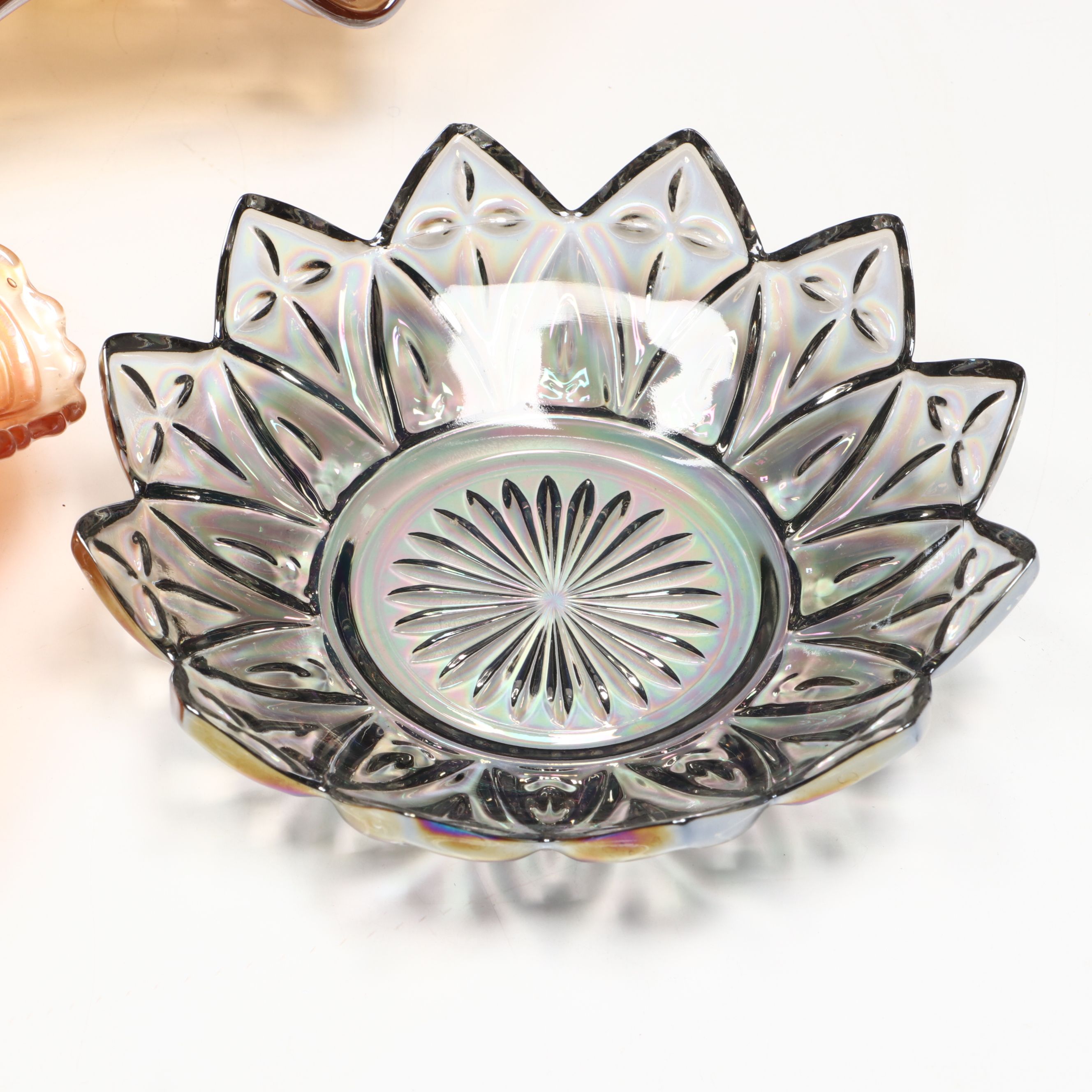 Fenton "Peacock Tail" Marigold Carnival Glass Bowl with Other Vintage Bowls