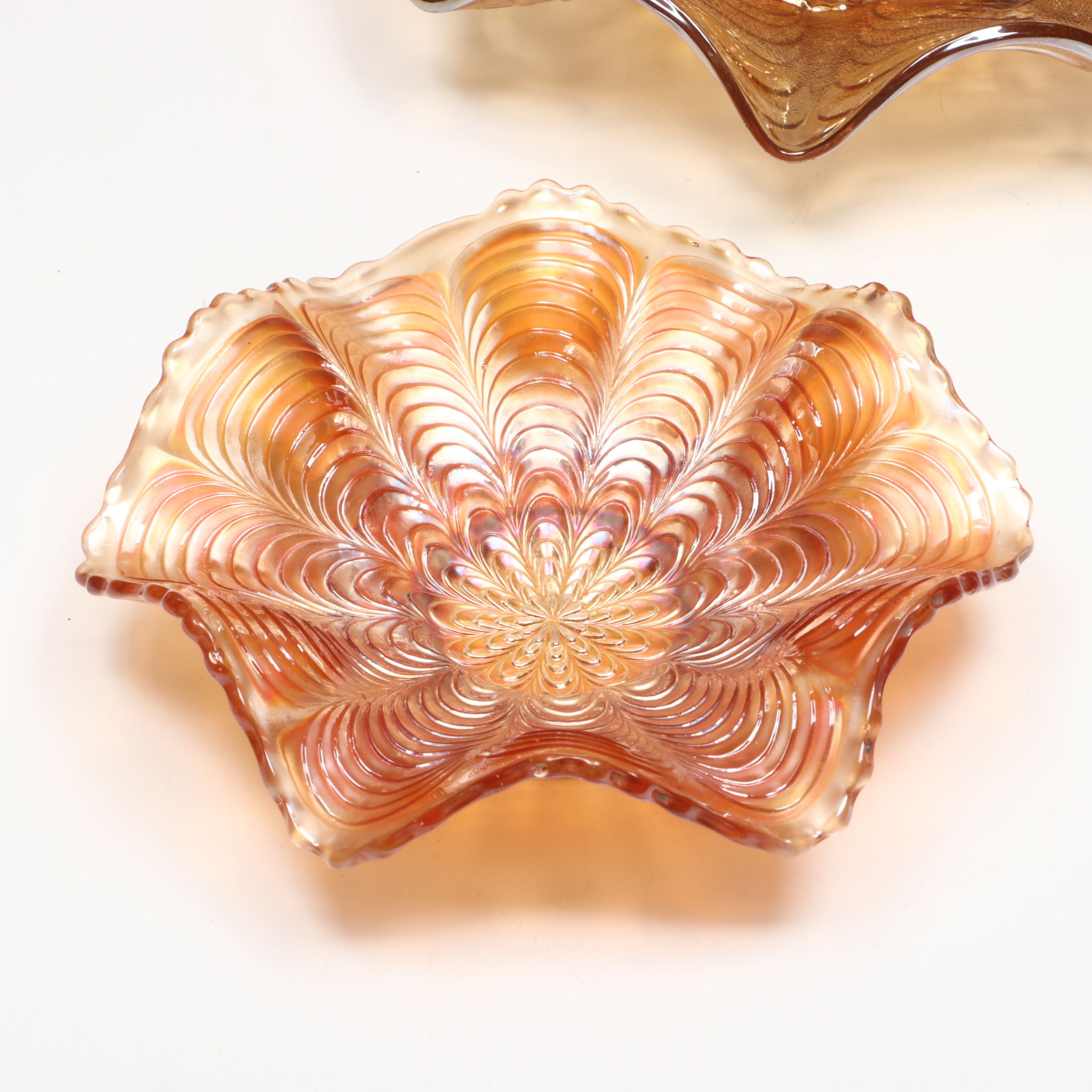 Fenton "Peacock Tail" Marigold Carnival Glass Bowl with Other Vintage Bowls