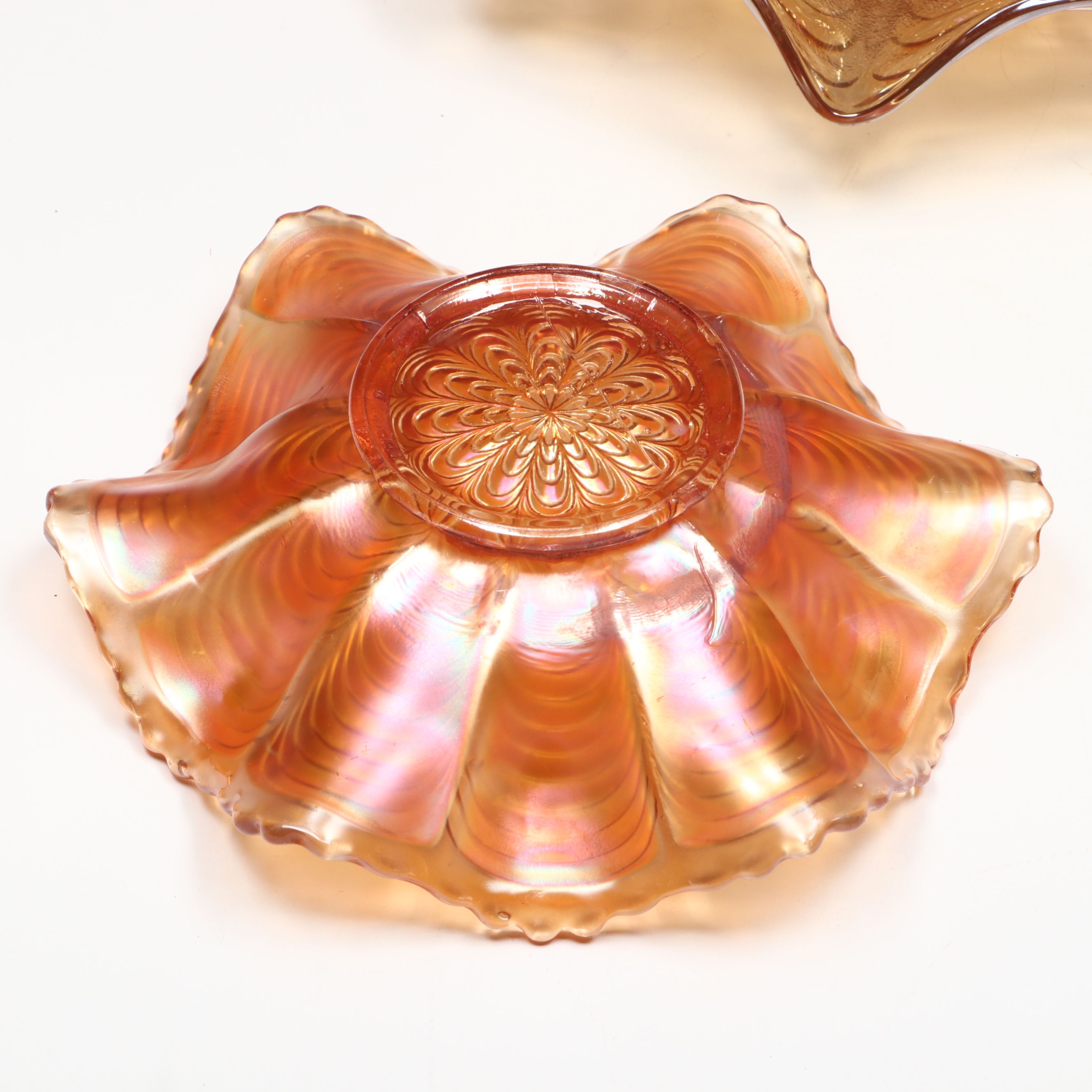 Fenton "Peacock Tail" Marigold Carnival Glass Bowl with Other Vintage Bowls