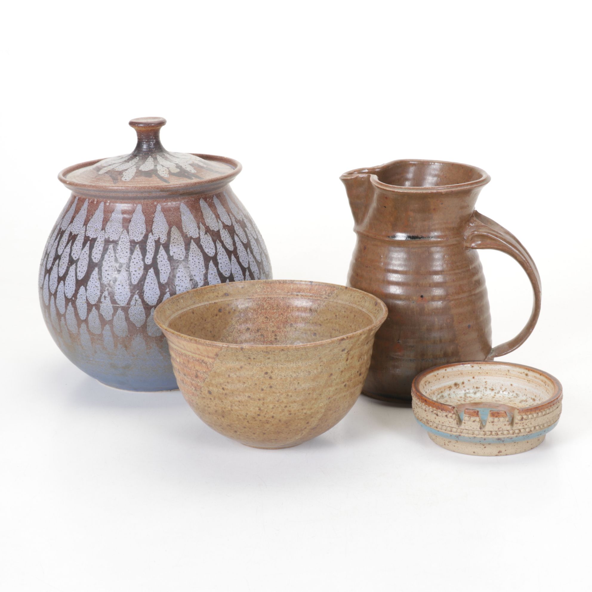 Artisan Wheel-Thrown Pottery Cookie Jar, Bowl, and Pitcher with Denby Ashtray