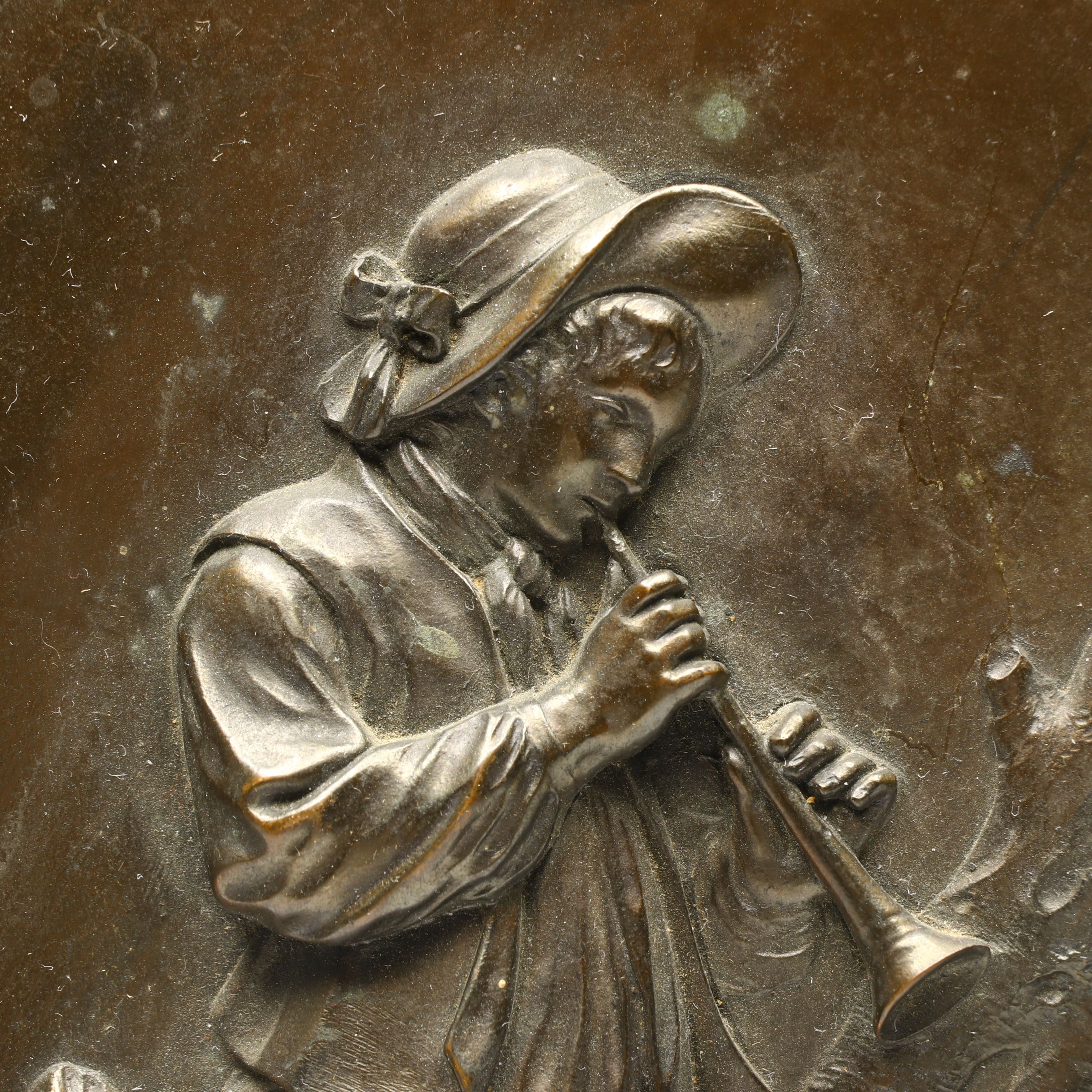 Wood Framed Bronze Finish High Relief Pastoral Scene