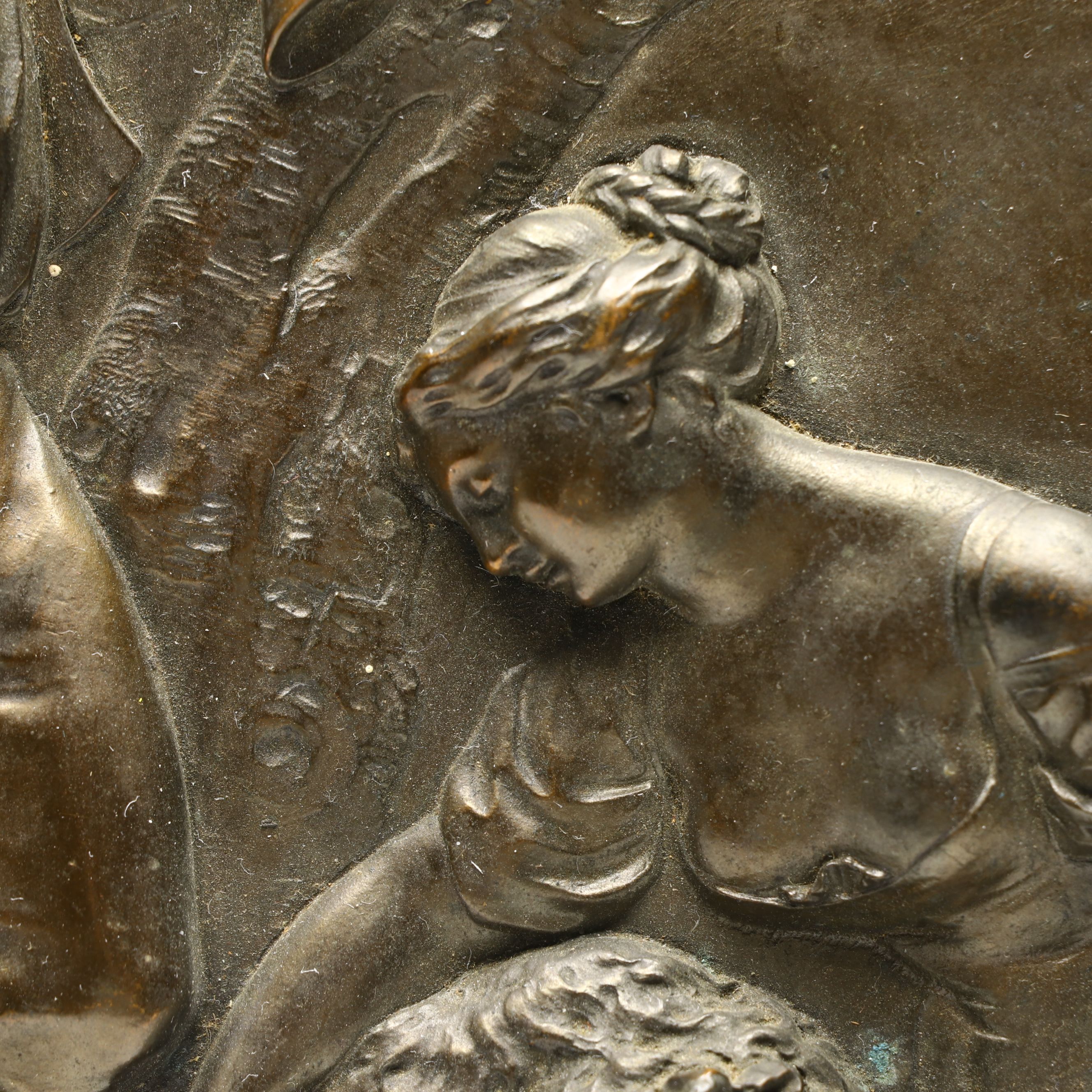 Wood Framed Bronze Finish High Relief Pastoral Scene