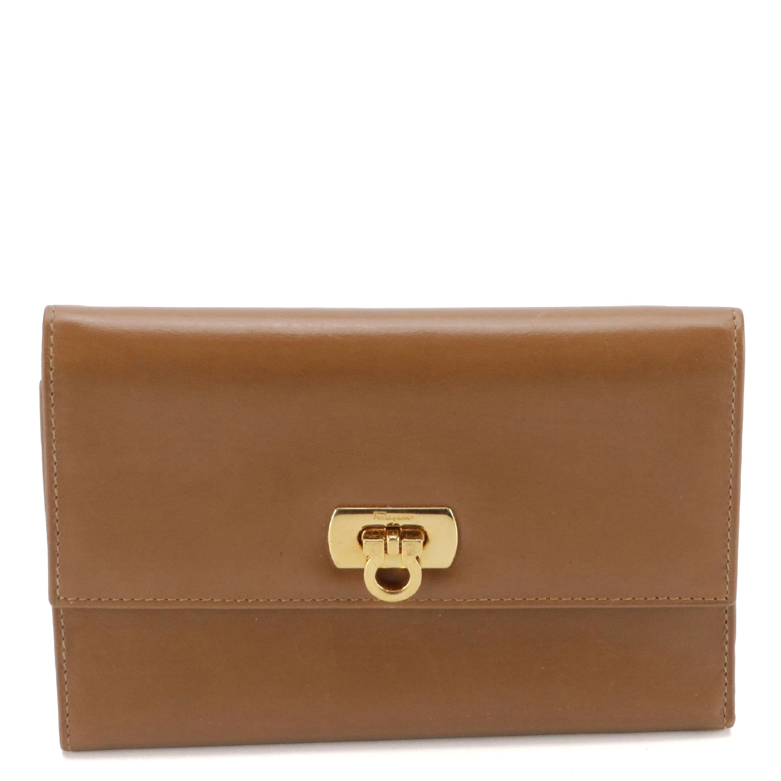 Salvatore Ferragmao Gancini Closure Trifold Wallet in Brown Leather