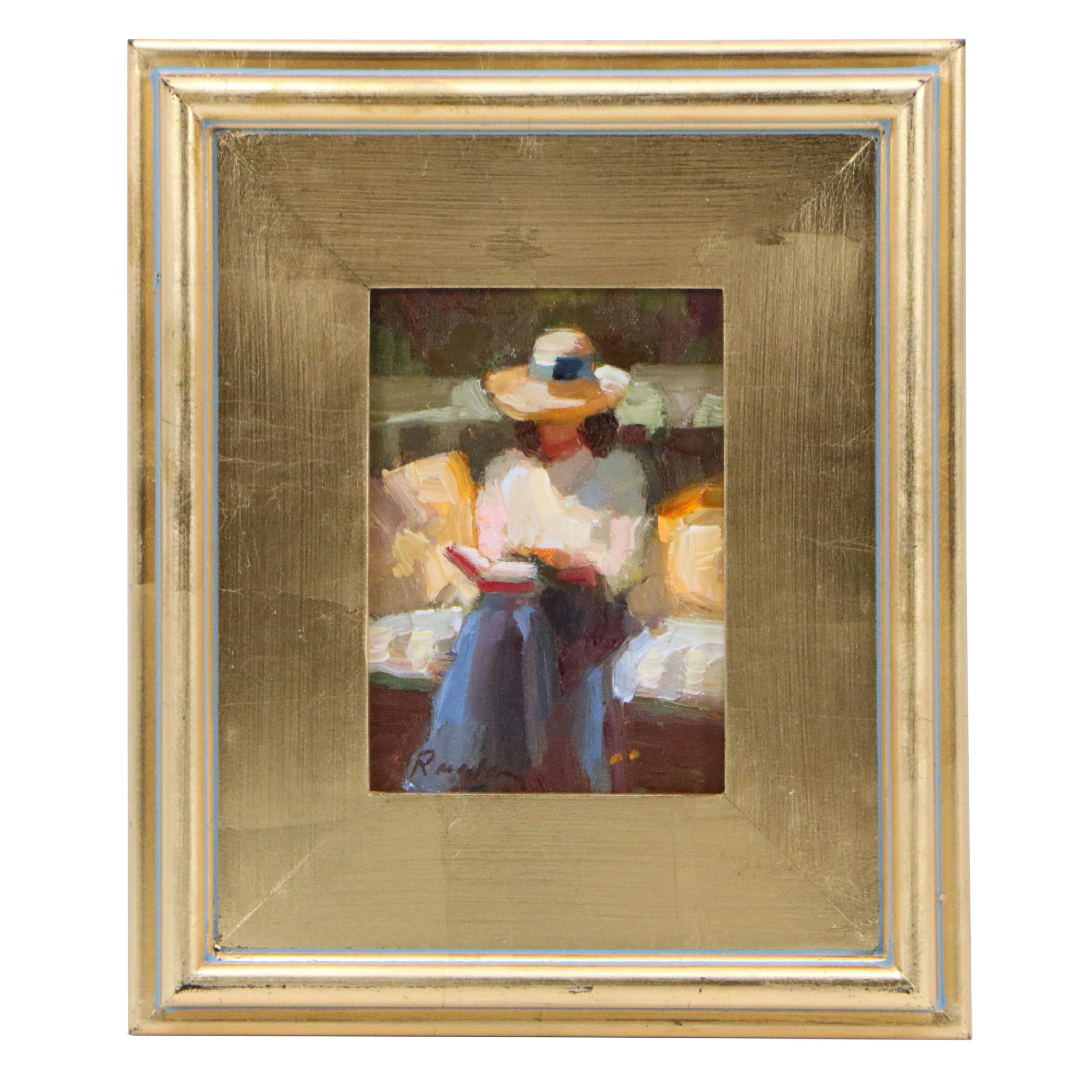 Sally Rosenbaum Impressionistic Oil Painting of Woman Reading in Garden, 21st C.