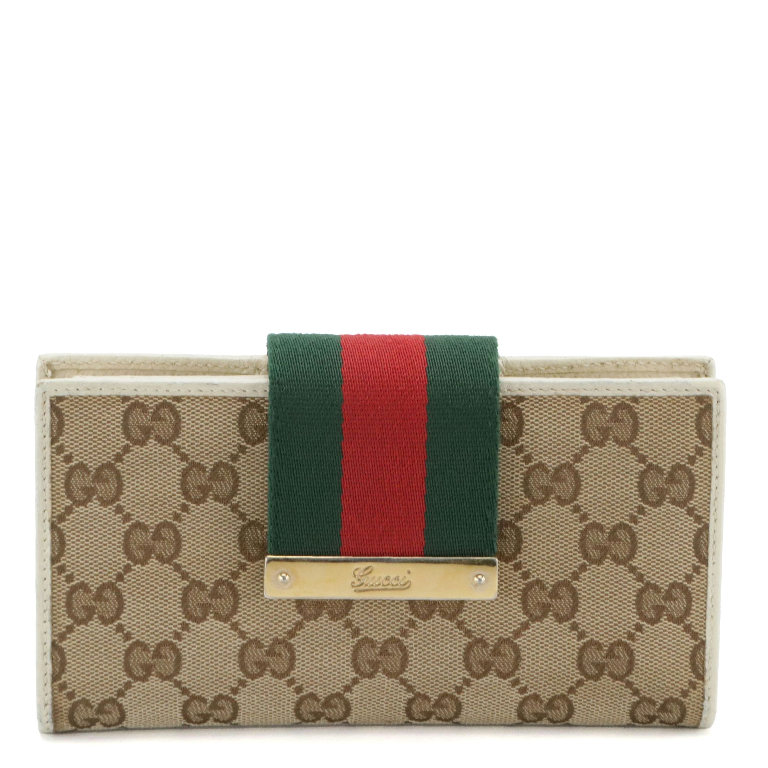Gucci Long Bifold Wallet in Web Striped GG Canvas and White Leather