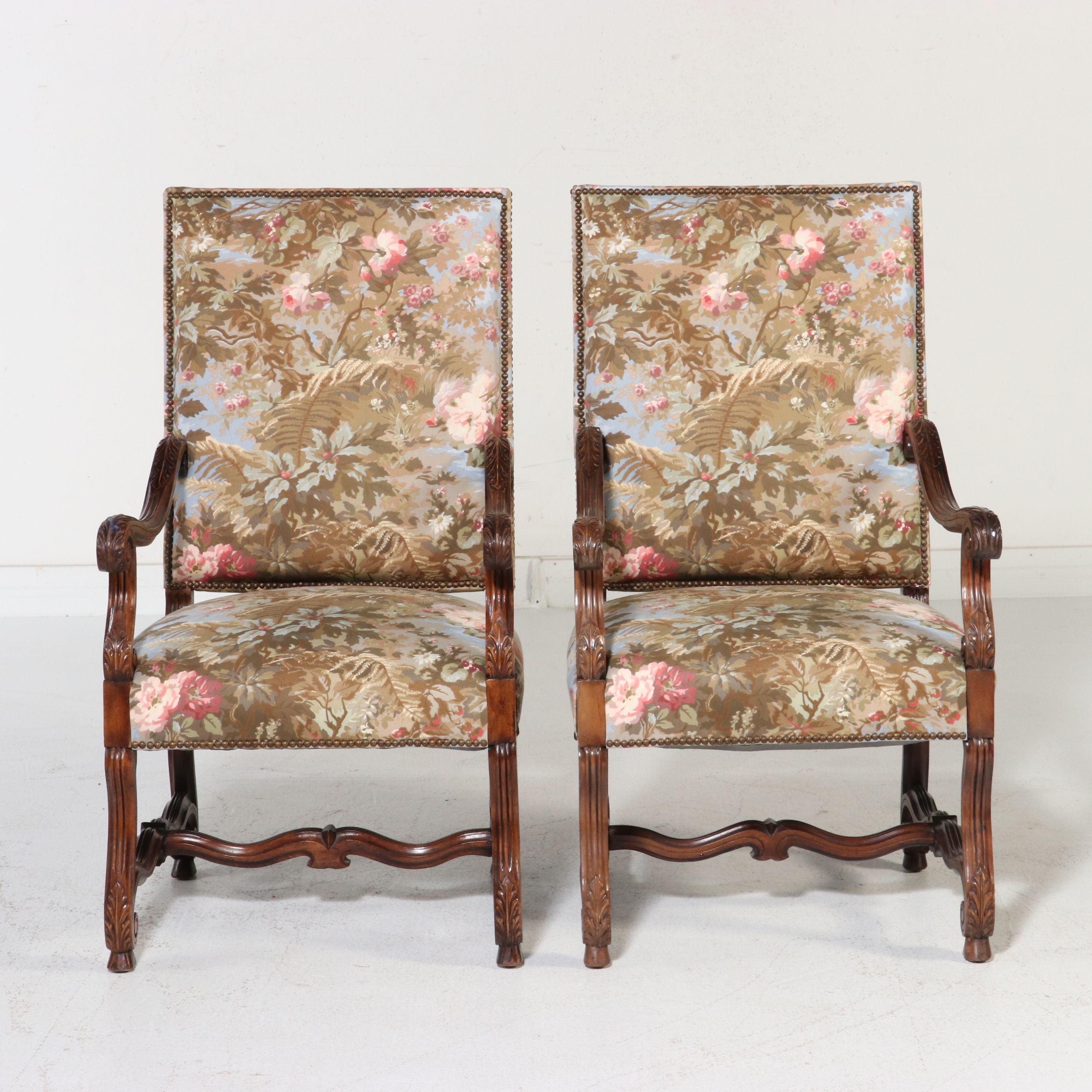 Pair of Louis XIV Style Carved Walnut Os de Mouton Armchairs, 20th Century