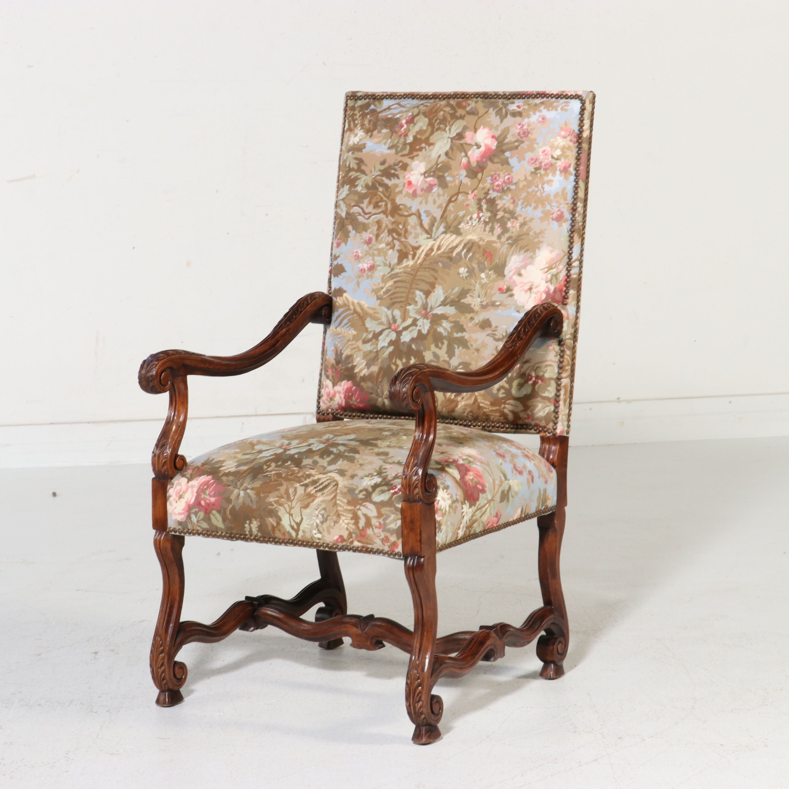 Pair of Louis XIV Style Carved Walnut Os de Mouton Armchairs, 20th Century