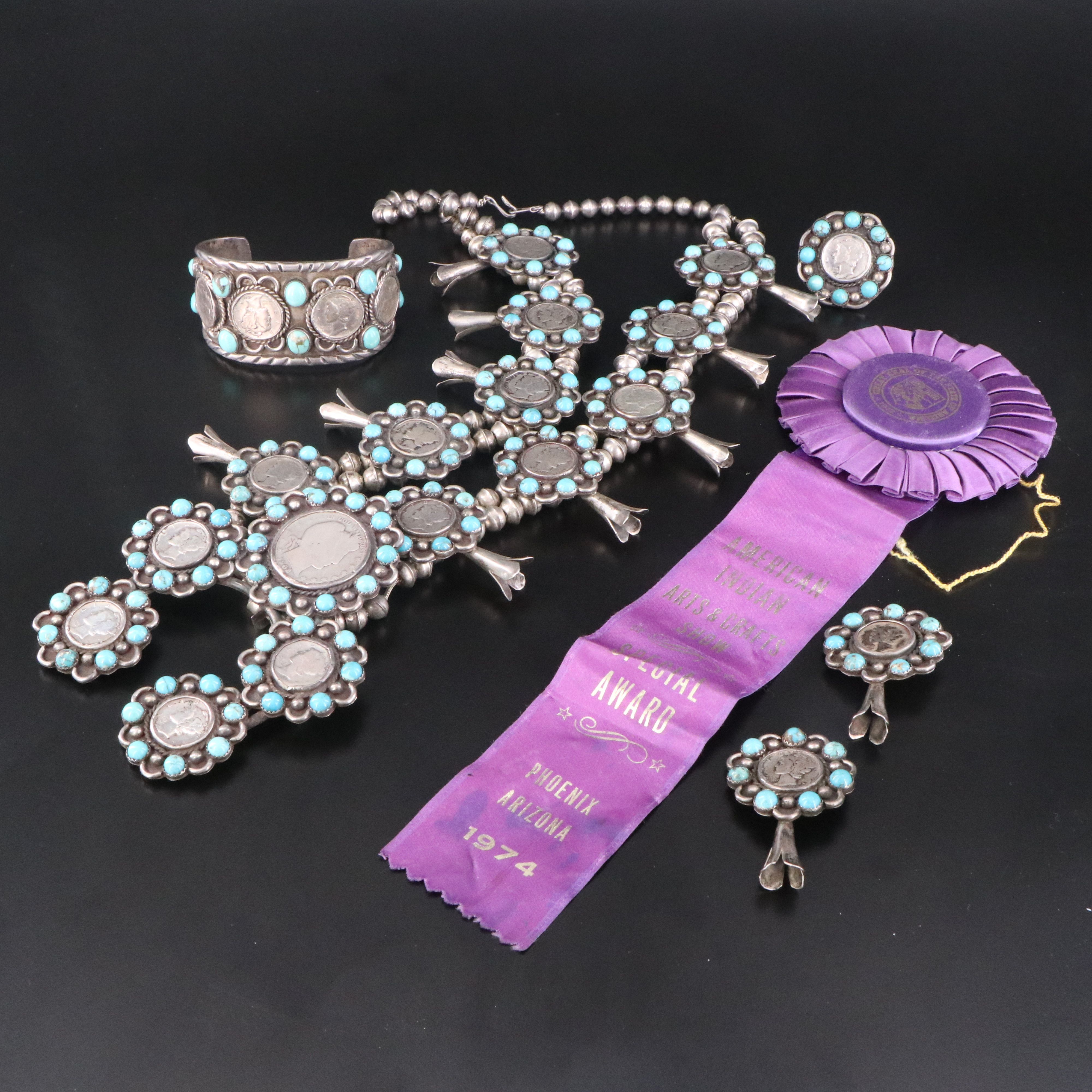 Jane Popovich Navajo Diné Sterling Turquoise and American Coin Jewelry