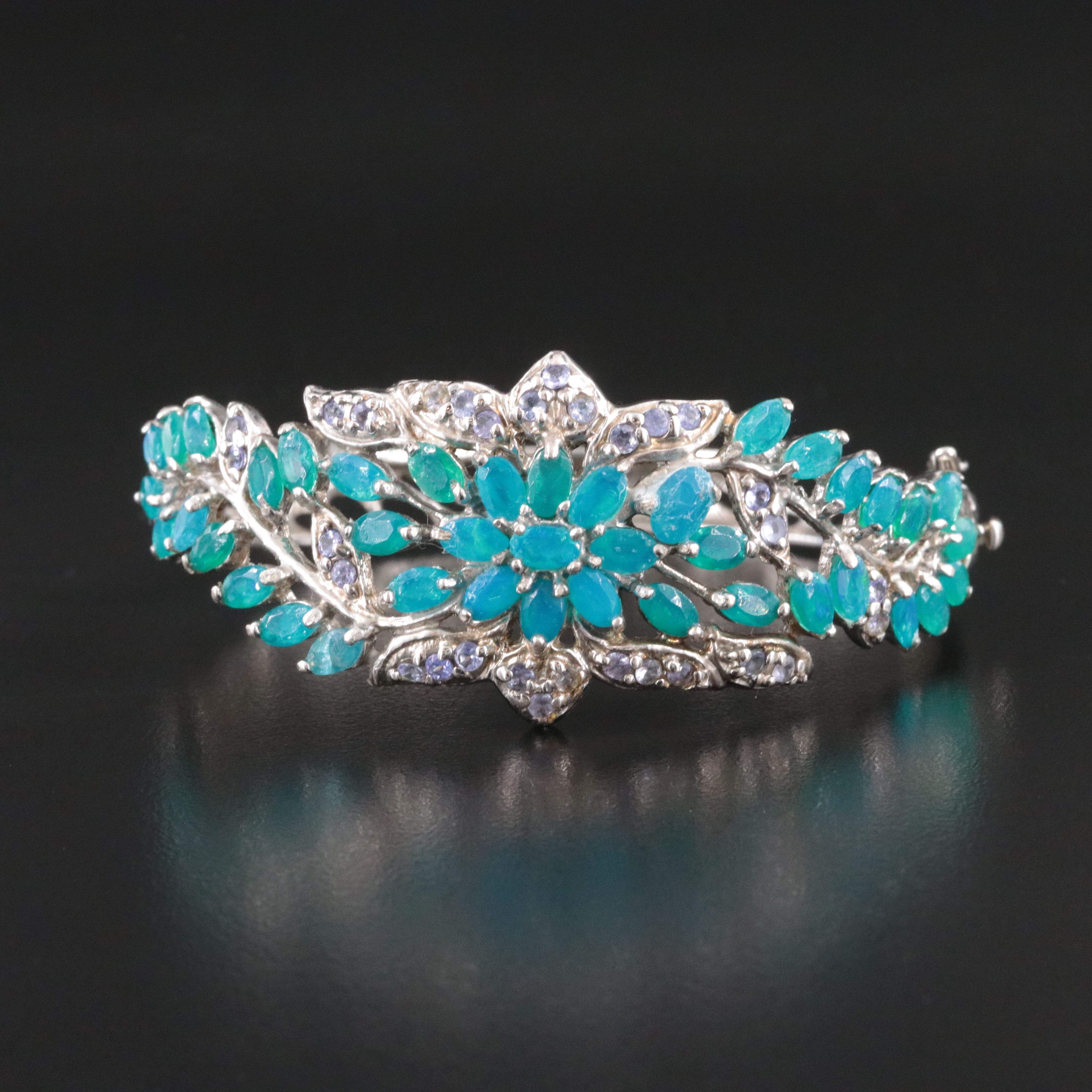 Sterling Hinged Bangle Bracelet Including Opal and Tanzanite