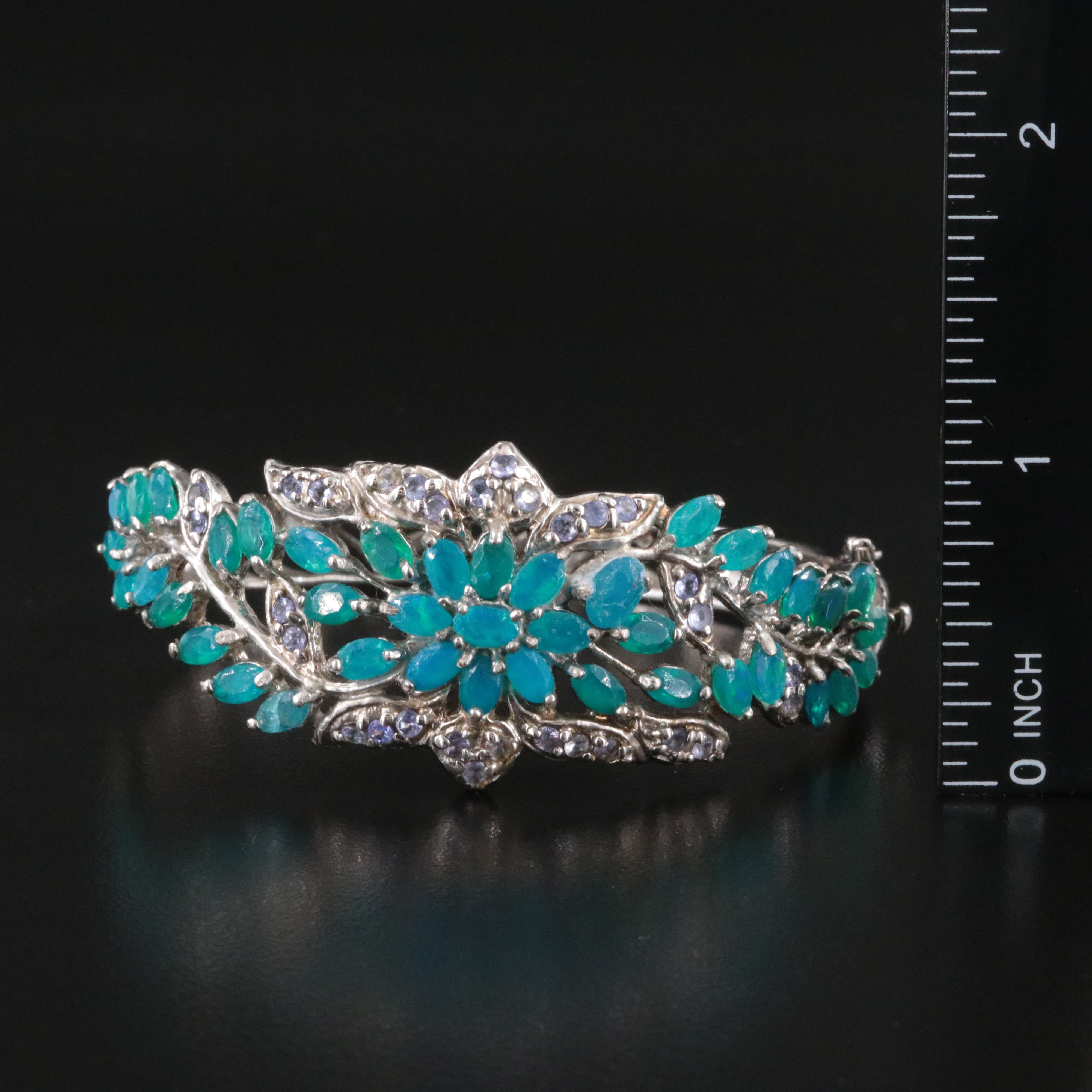 Sterling Hinged Bangle Bracelet Including Opal and Tanzanite