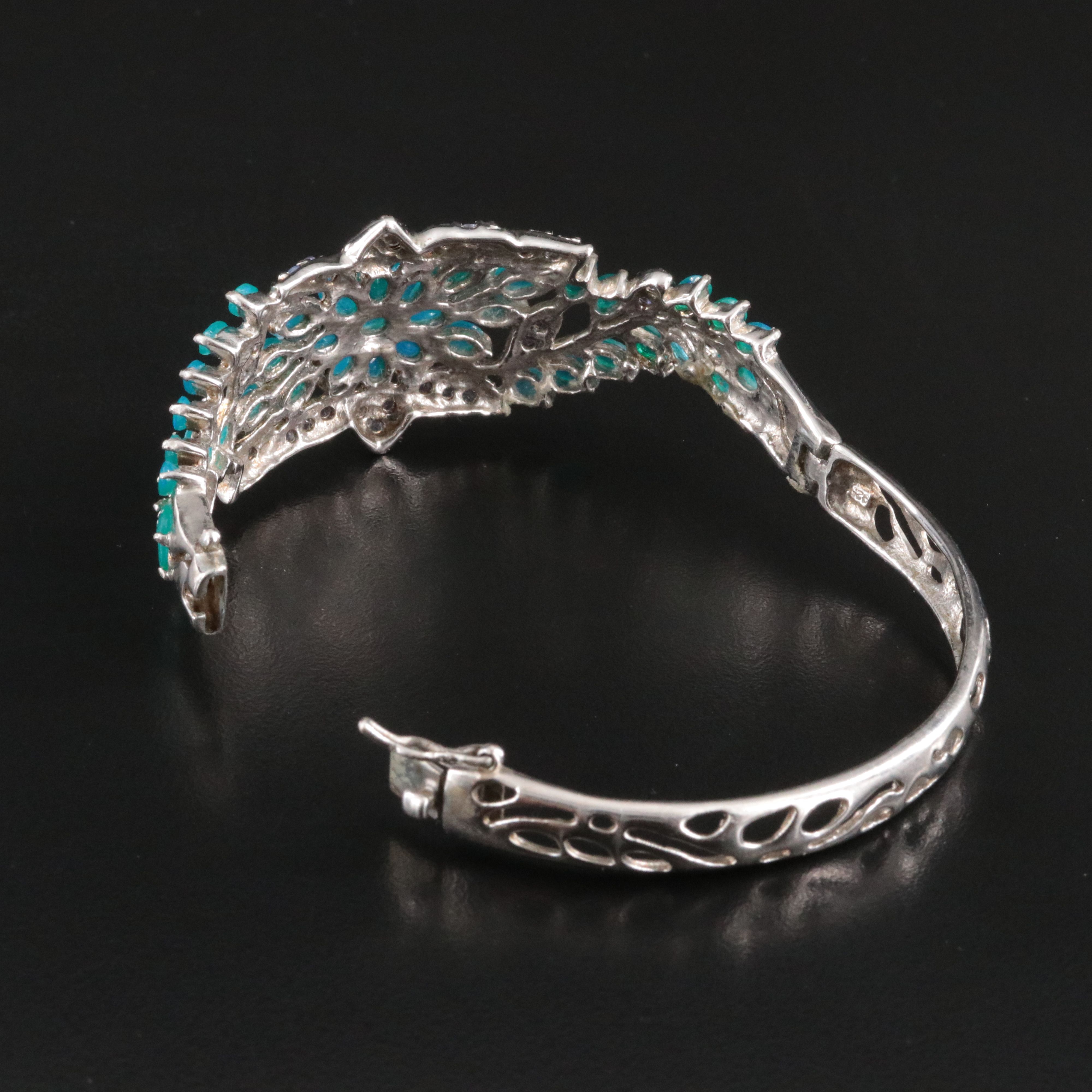 Sterling Hinged Bangle Bracelet Including Opal and Tanzanite