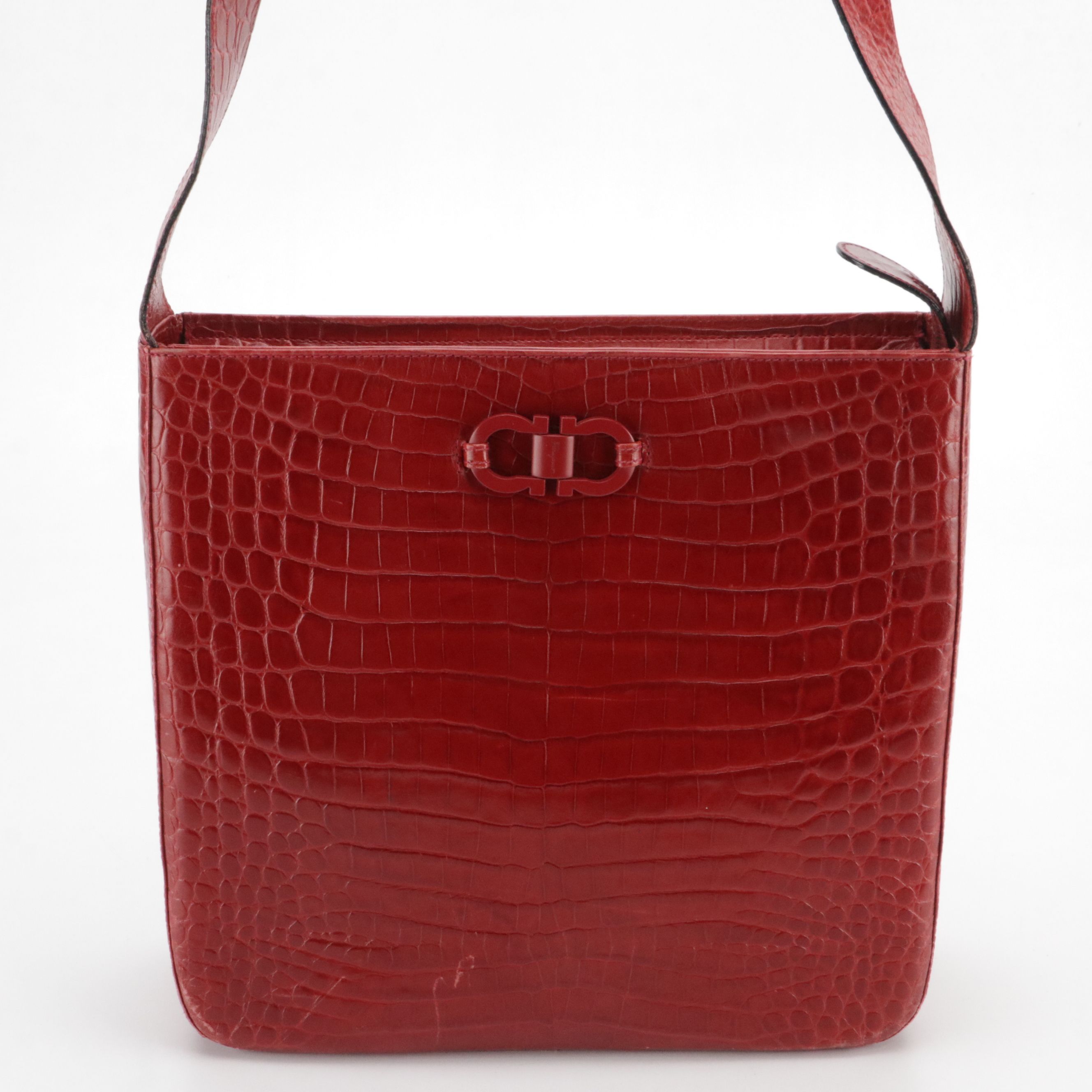 Salvatore Ferragamo Hobo Shoulder Bag in Red Crocodile Embossed Leather