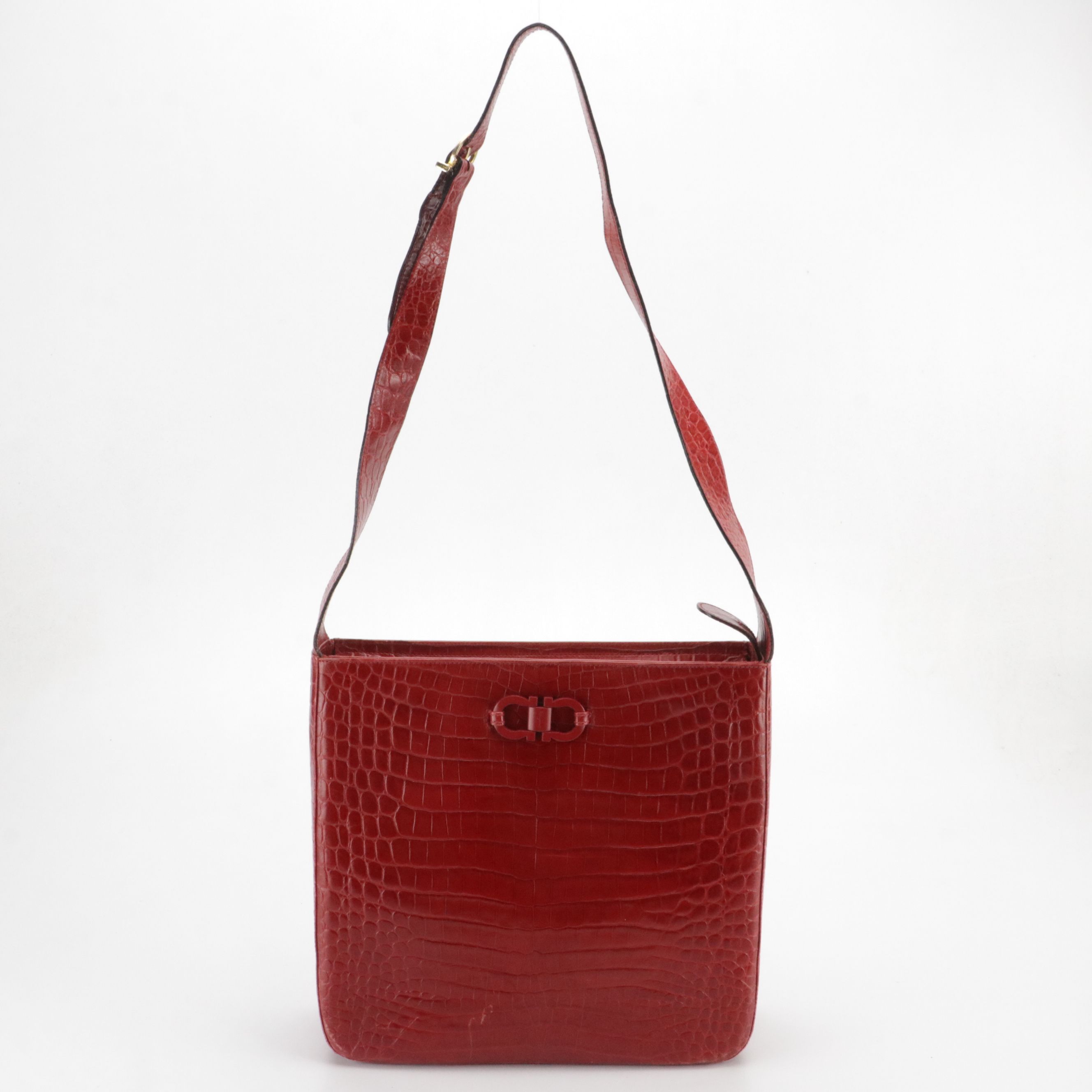 Salvatore Ferragamo Hobo Shoulder Bag in Red Crocodile Embossed Leather