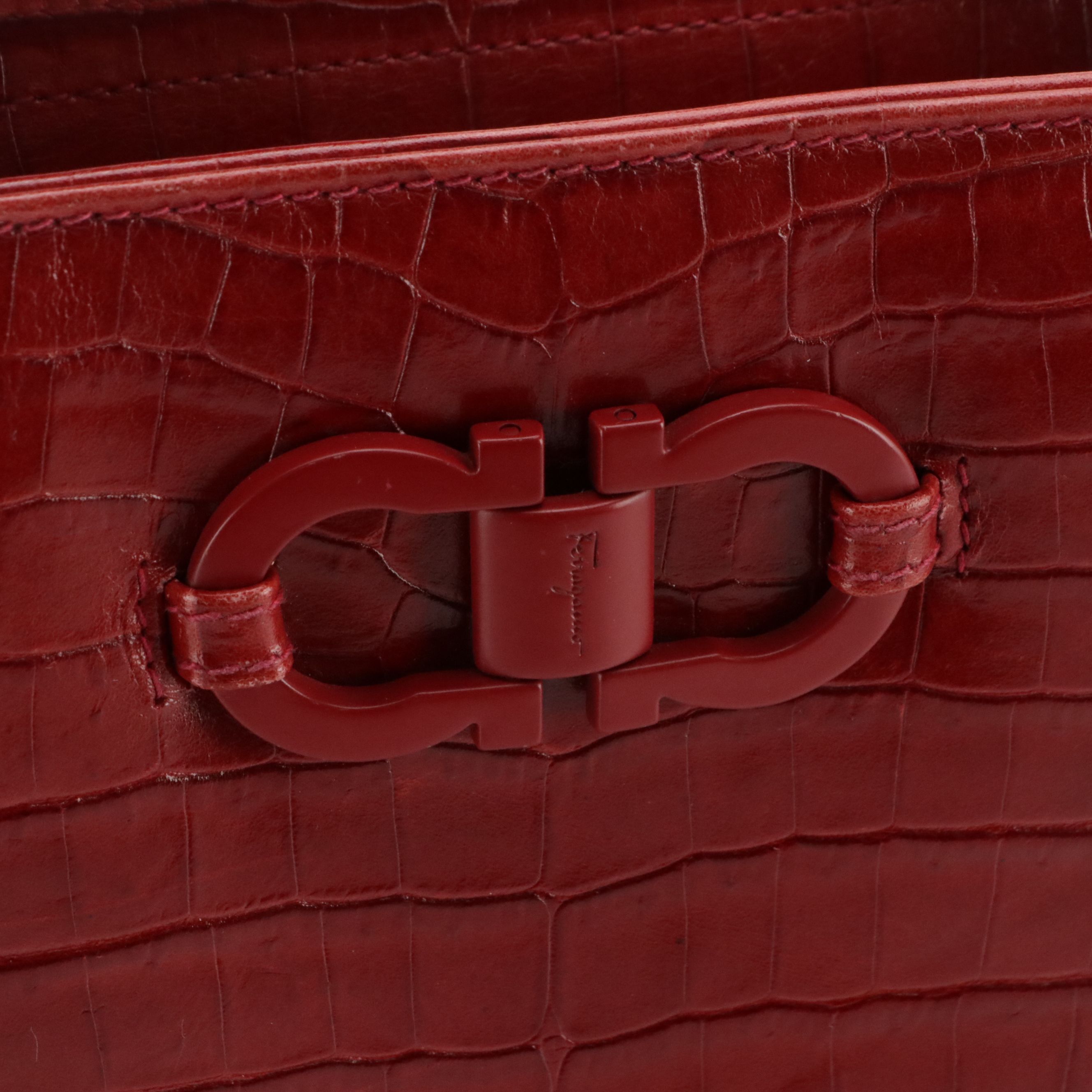 Salvatore Ferragamo Hobo Shoulder Bag in Red Crocodile Embossed Leather