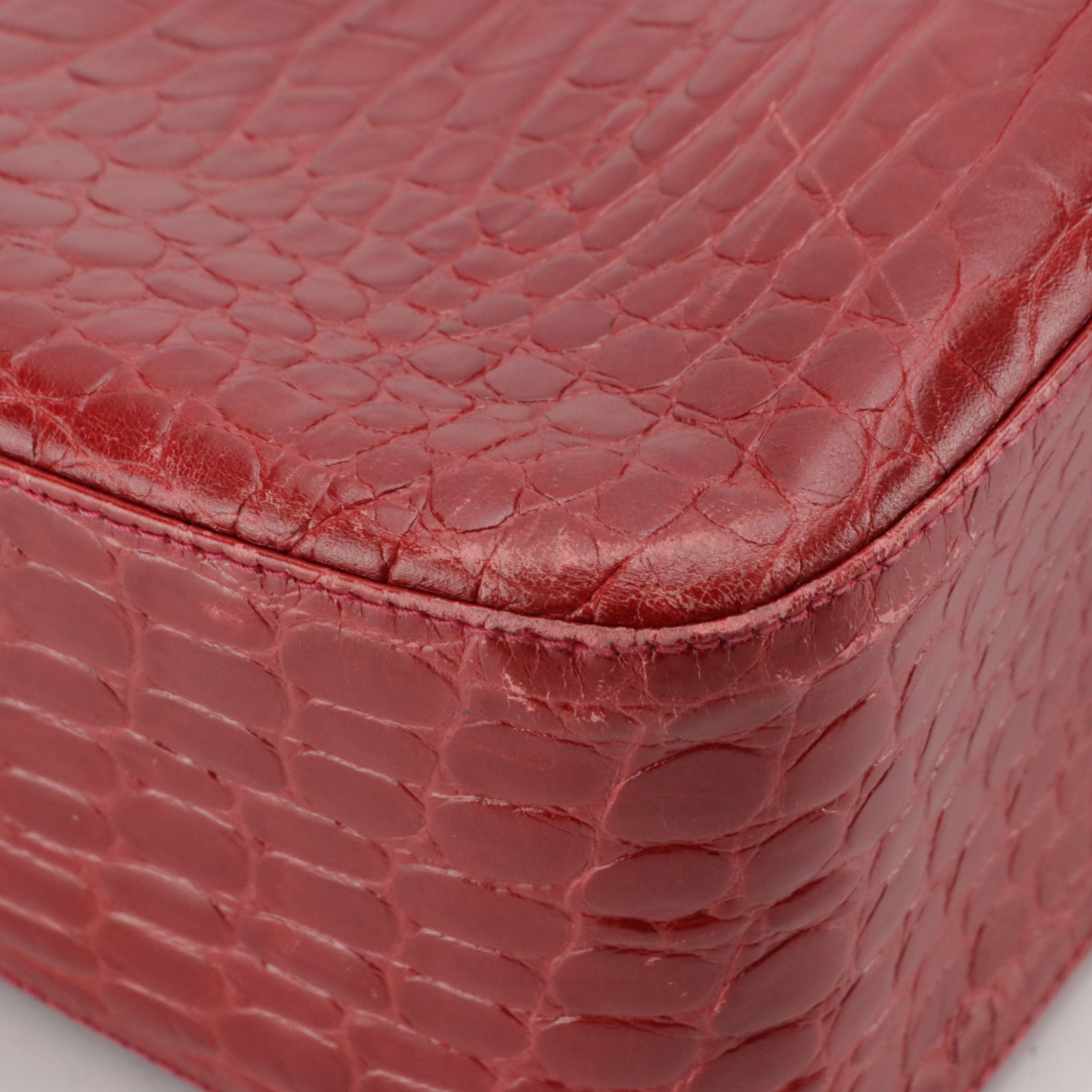 Salvatore Ferragamo Hobo Shoulder Bag in Red Crocodile Embossed Leather