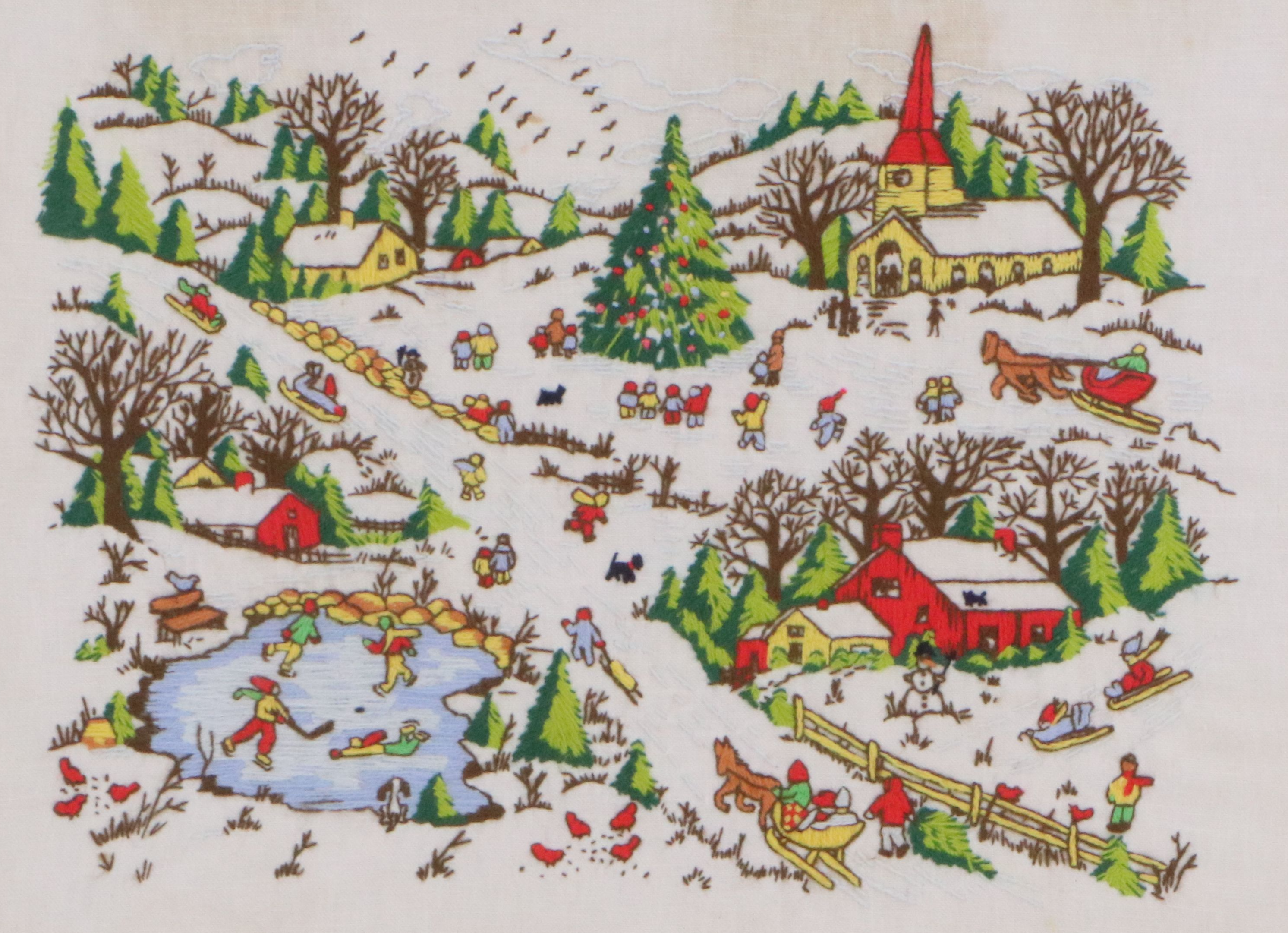 Embroidered Wall Art with Snowy Christmas Village Scene, Mid to Late 20th C.