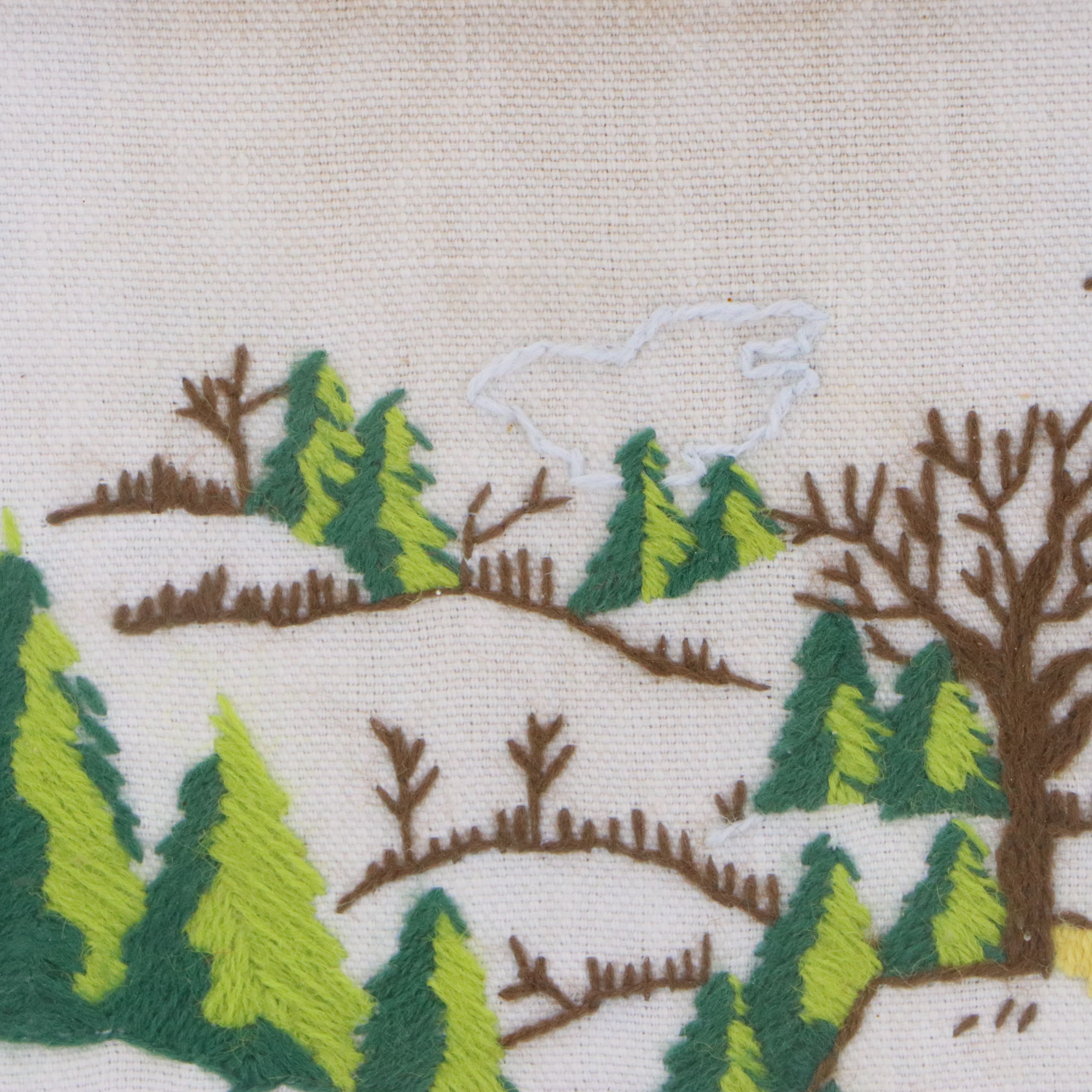 Embroidered Wall Art with Snowy Christmas Village Scene, Mid to Late 20th C.