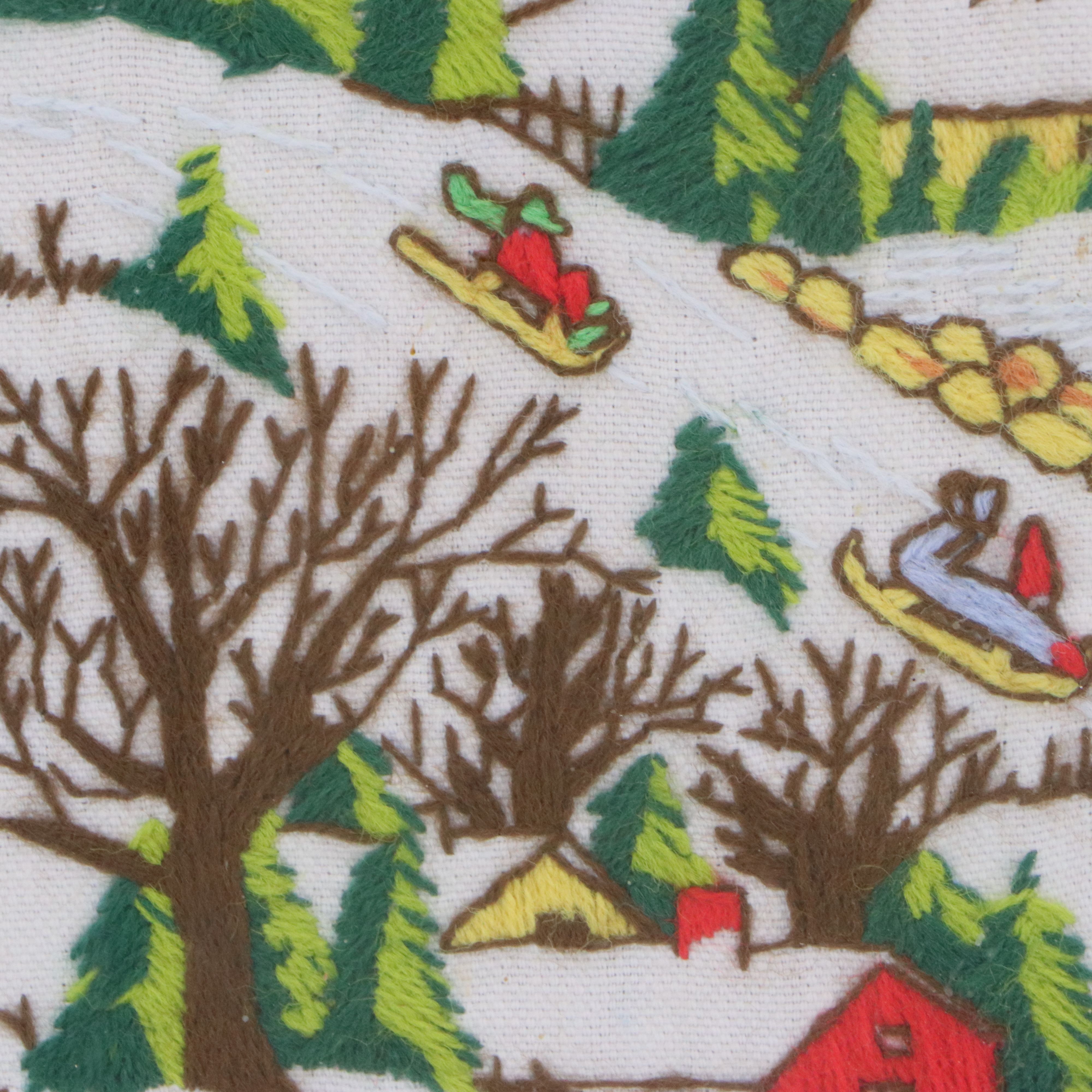 Embroidered Wall Art with Snowy Christmas Village Scene, Mid to Late 20th C.