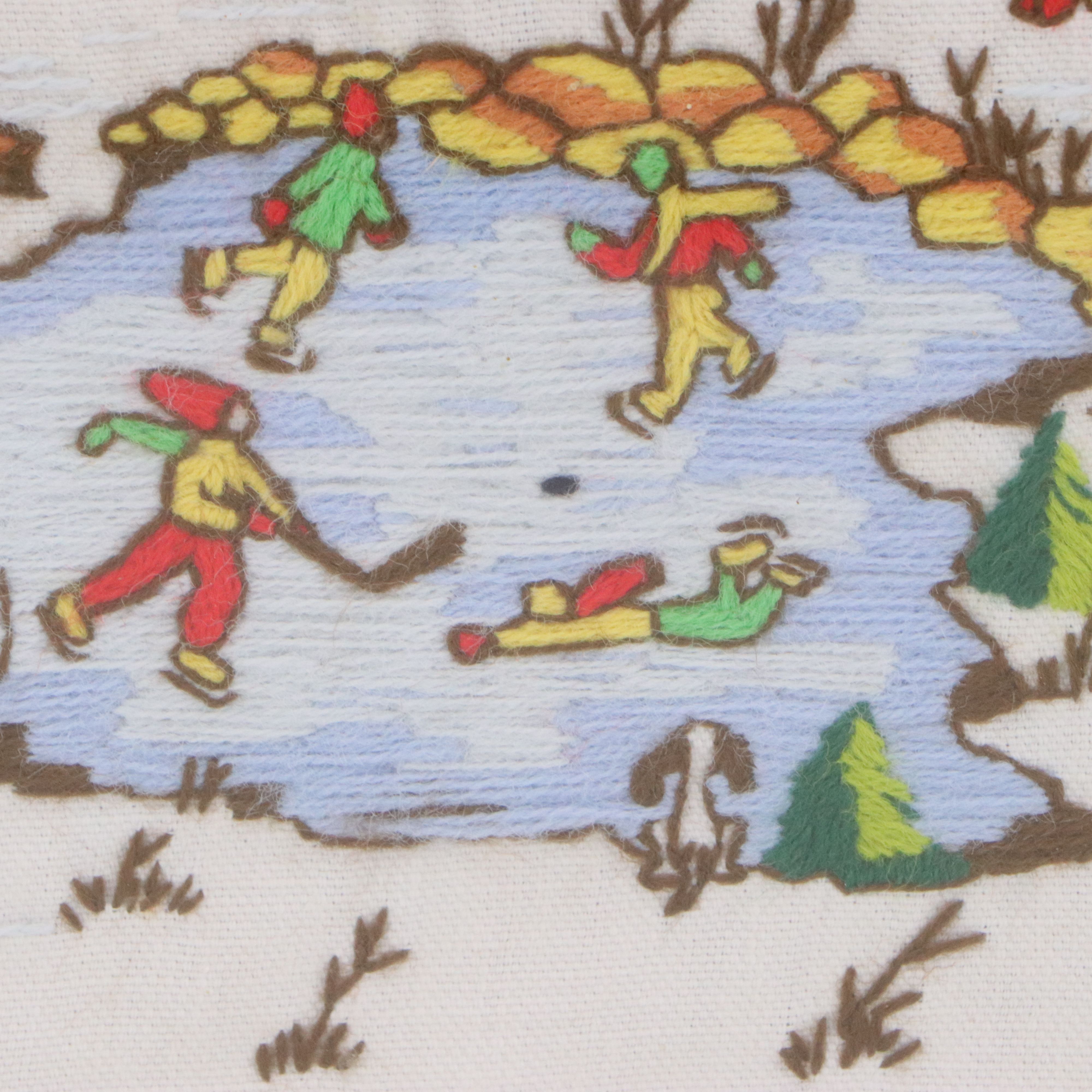 Embroidered Wall Art with Snowy Christmas Village Scene, Mid to Late 20th C.