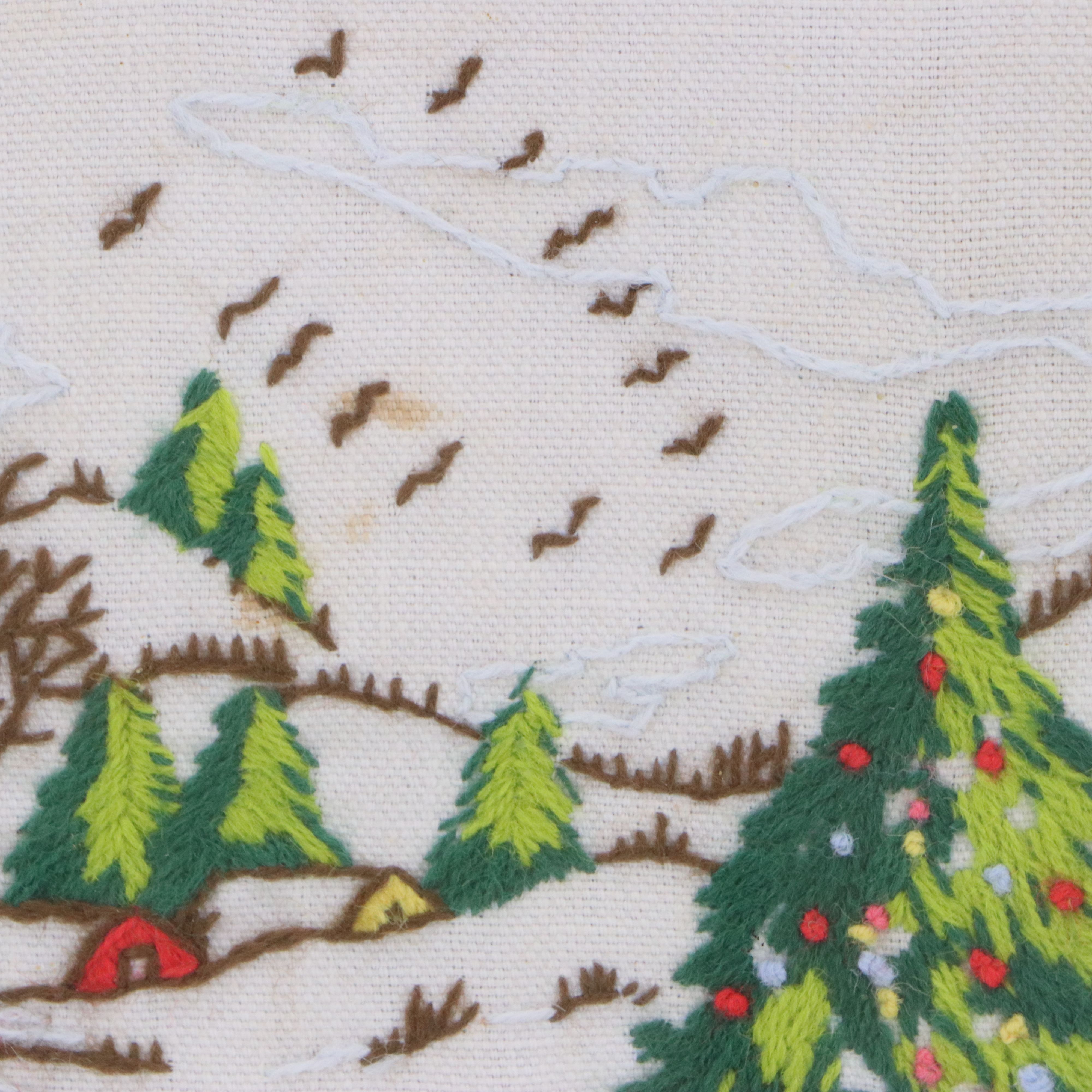 Embroidered Wall Art with Snowy Christmas Village Scene, Mid to Late 20th C.