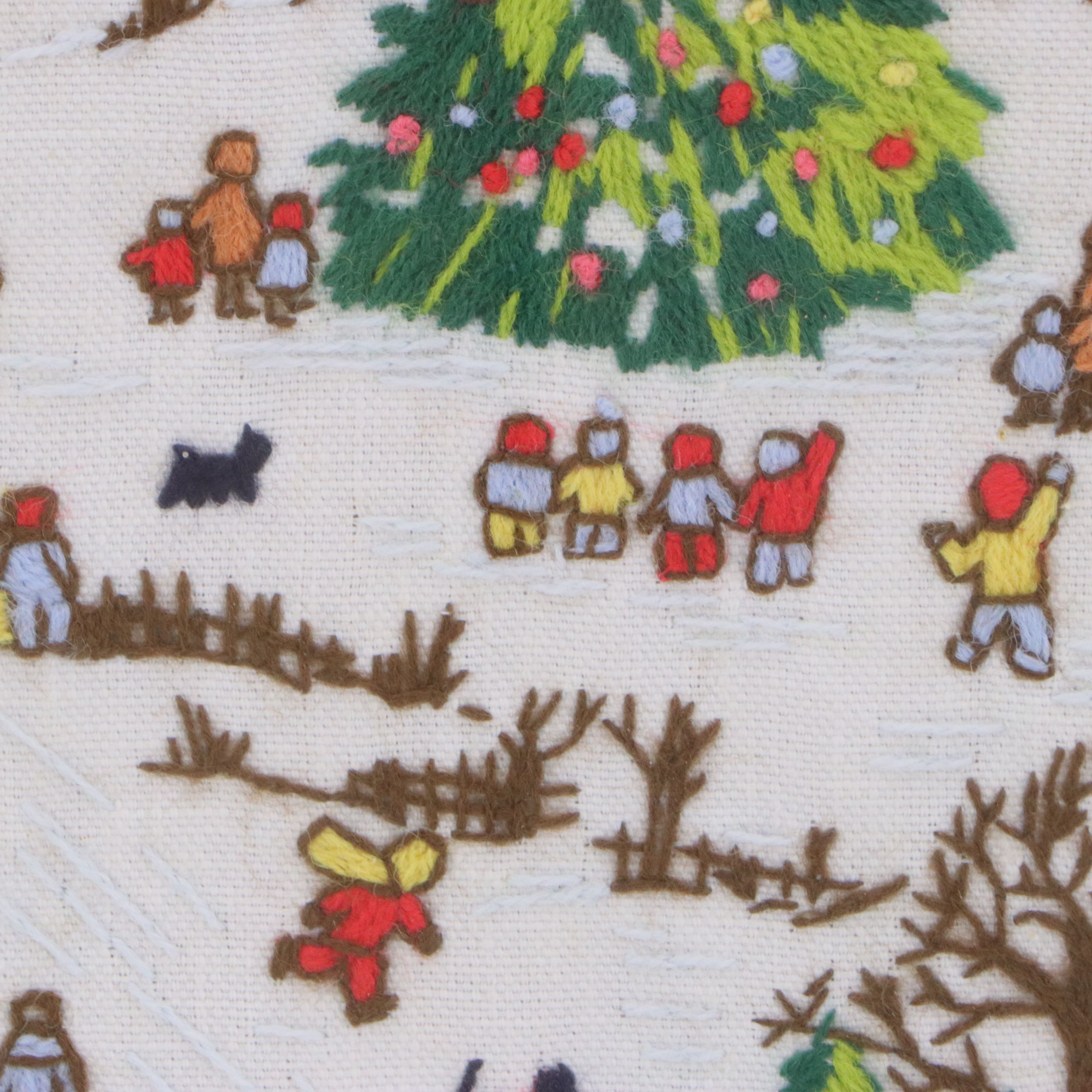 Embroidered Wall Art with Snowy Christmas Village Scene, Mid to Late 20th C.