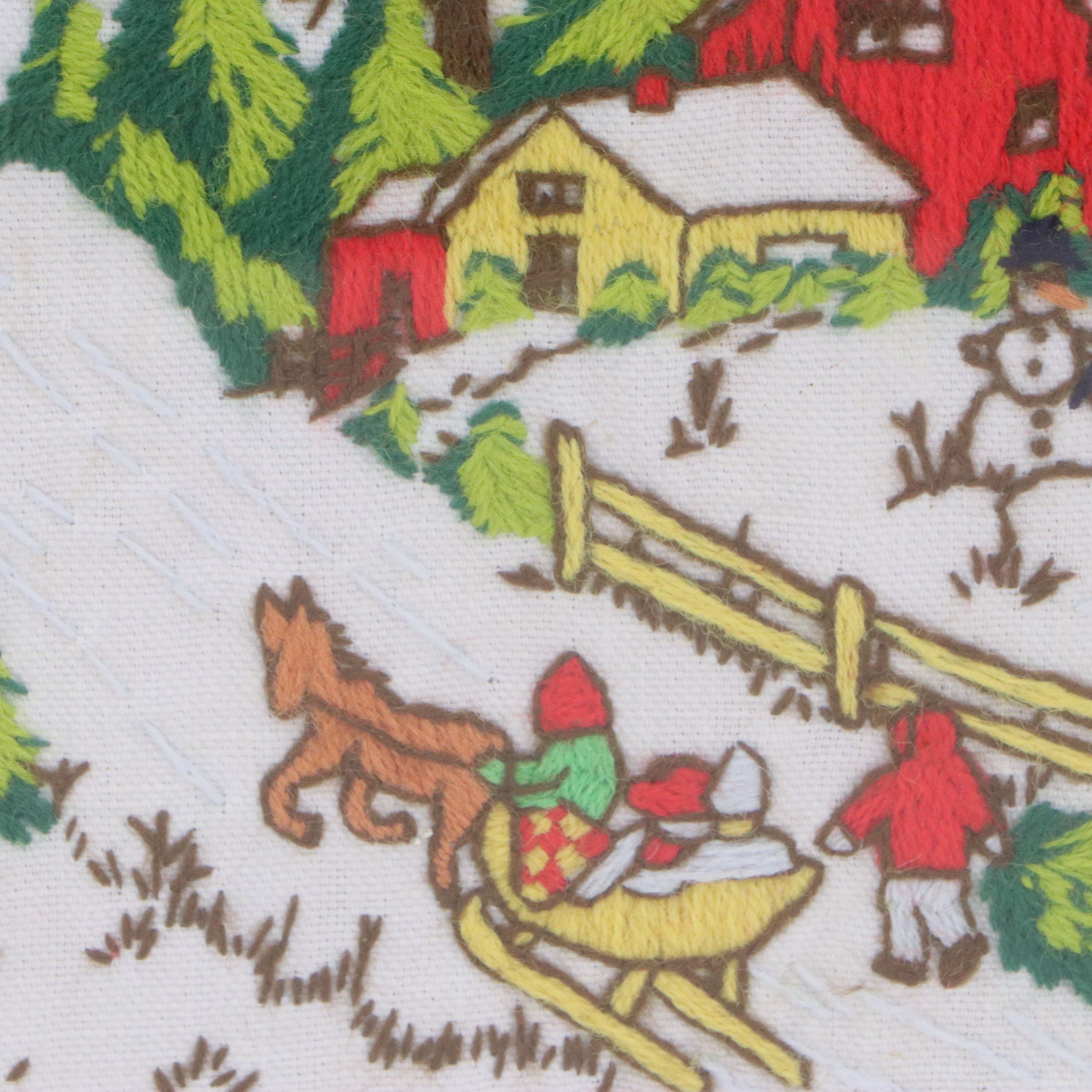Embroidered Wall Art with Snowy Christmas Village Scene, Mid to Late 20th C.