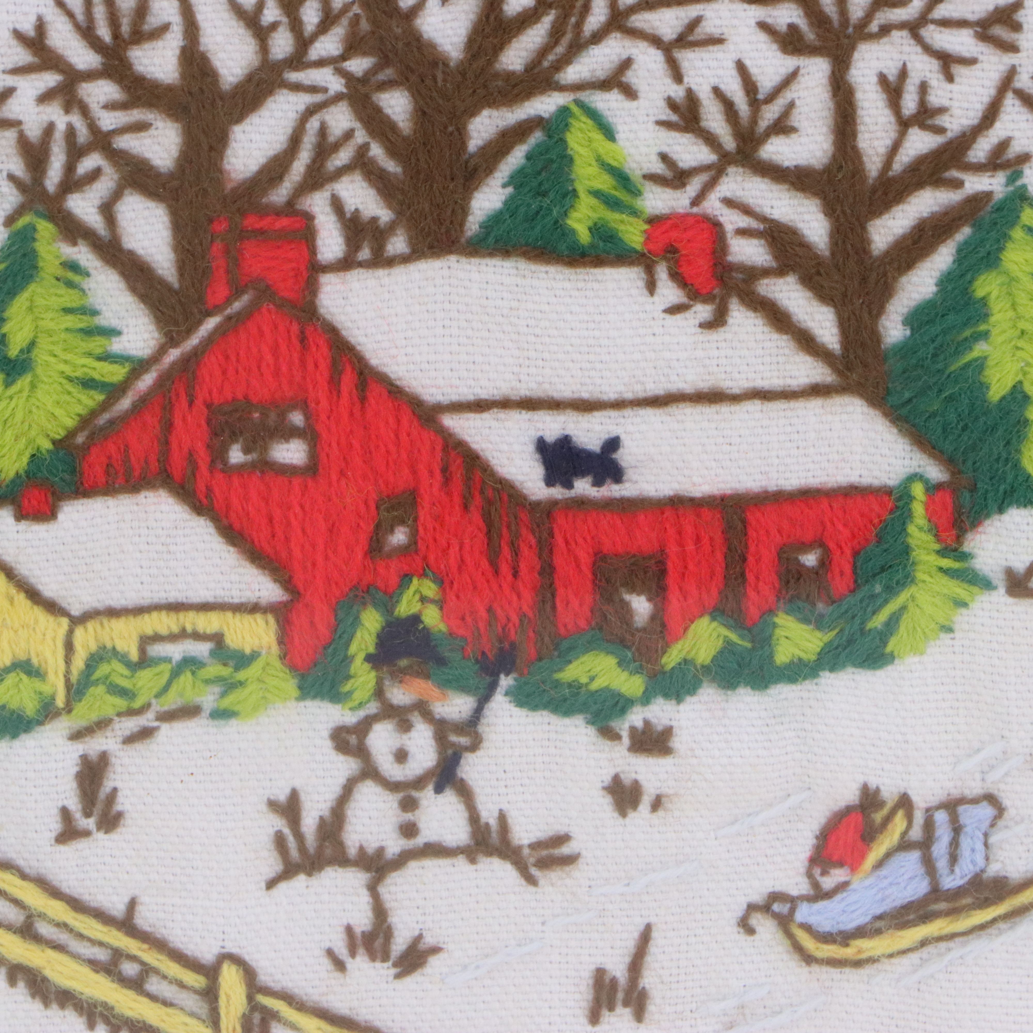 Embroidered Wall Art with Snowy Christmas Village Scene, Mid to Late 20th C.