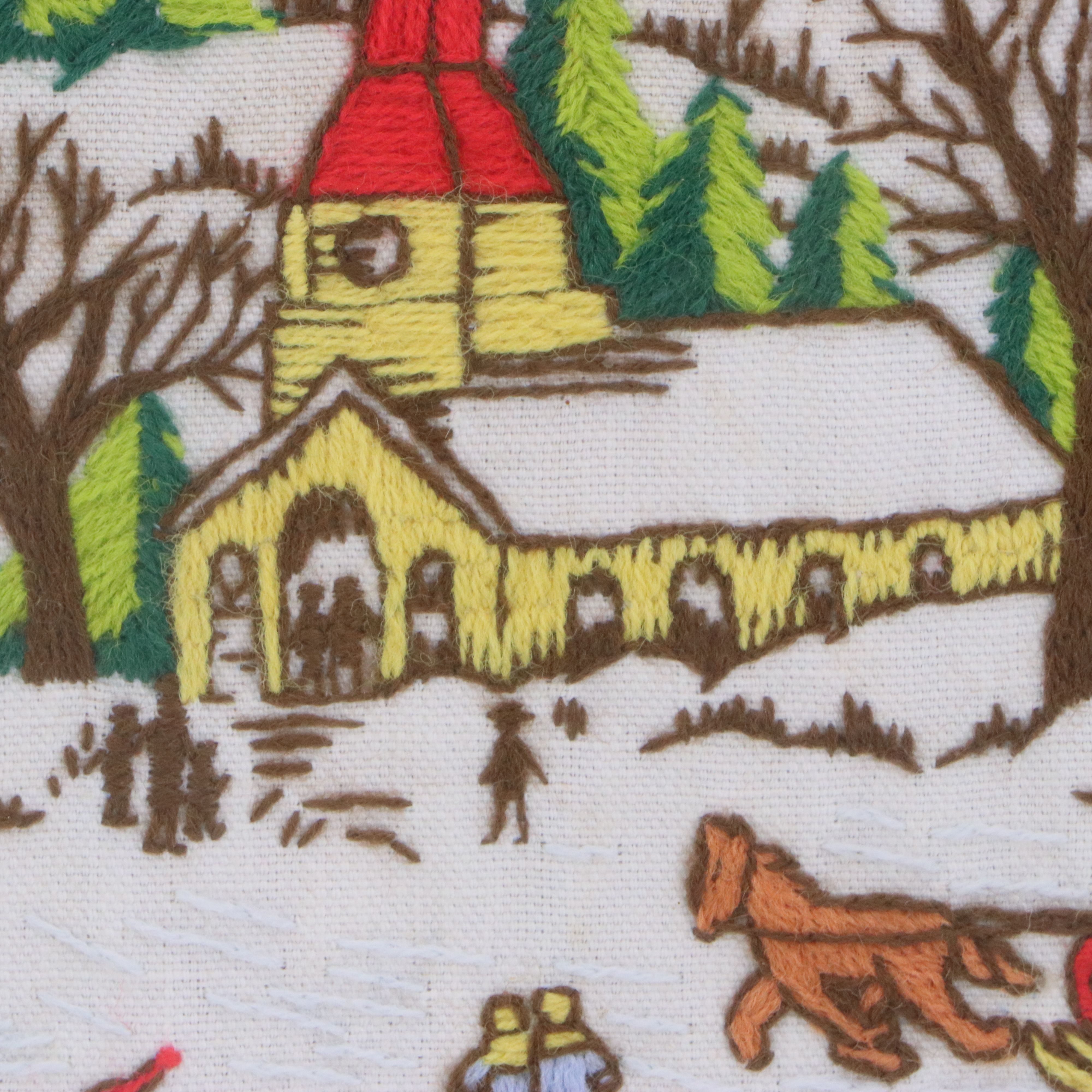 Embroidered Wall Art with Snowy Christmas Village Scene, Mid to Late 20th C.