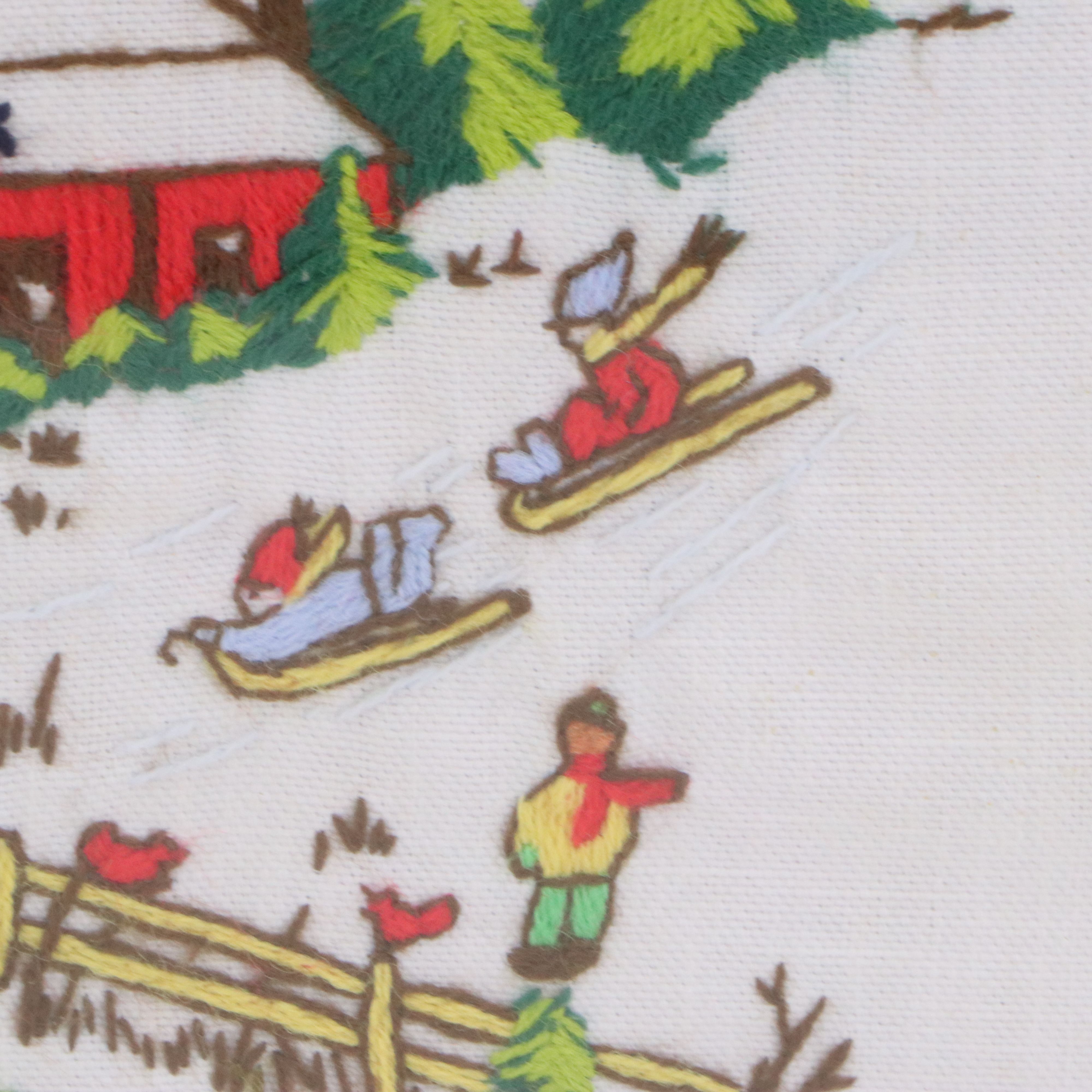 Embroidered Wall Art with Snowy Christmas Village Scene, Mid to Late 20th C.