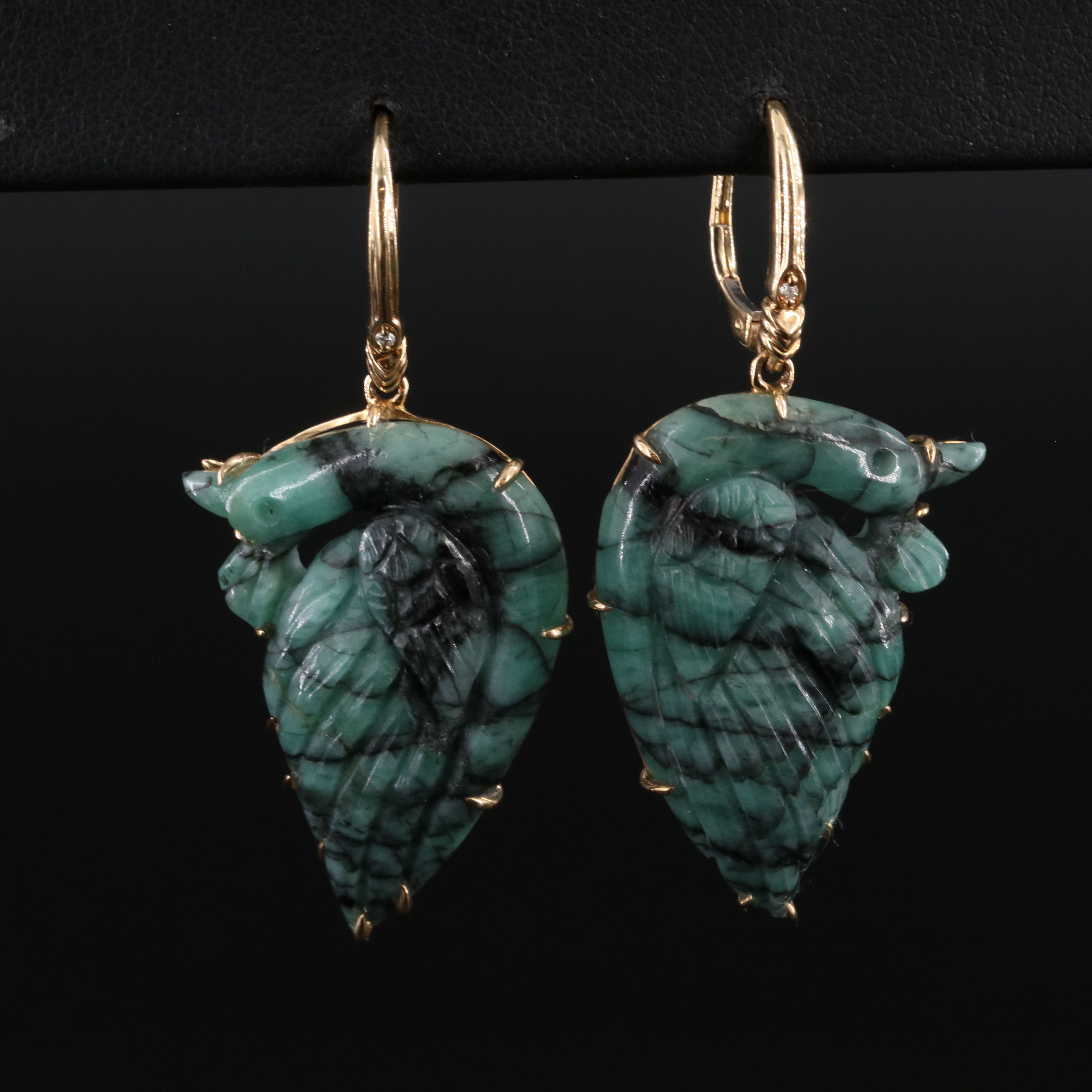 Chromia 18K Beryl and Diamond Carved Peacock Earrings