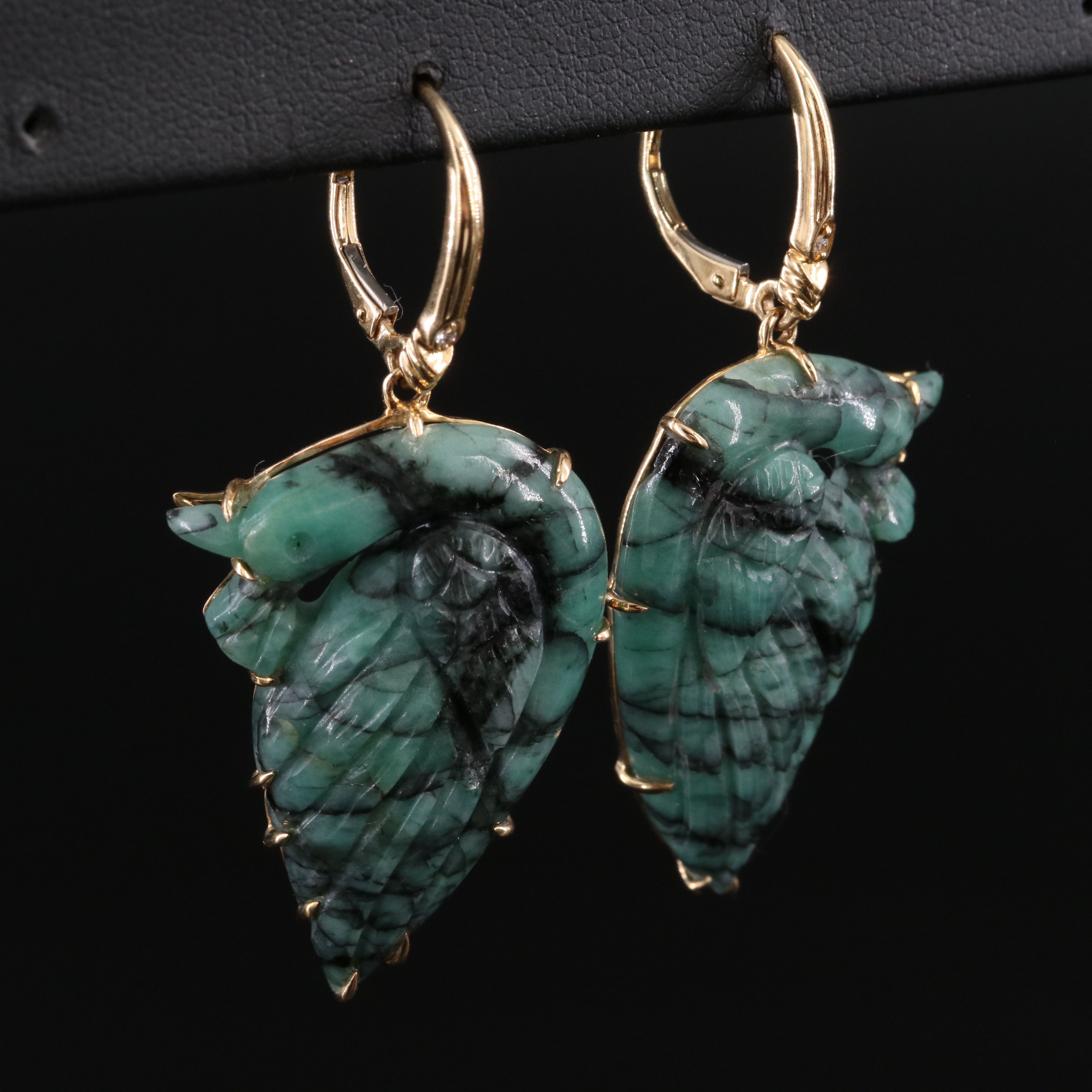 Chromia 18K Beryl and Diamond Carved Peacock Earrings