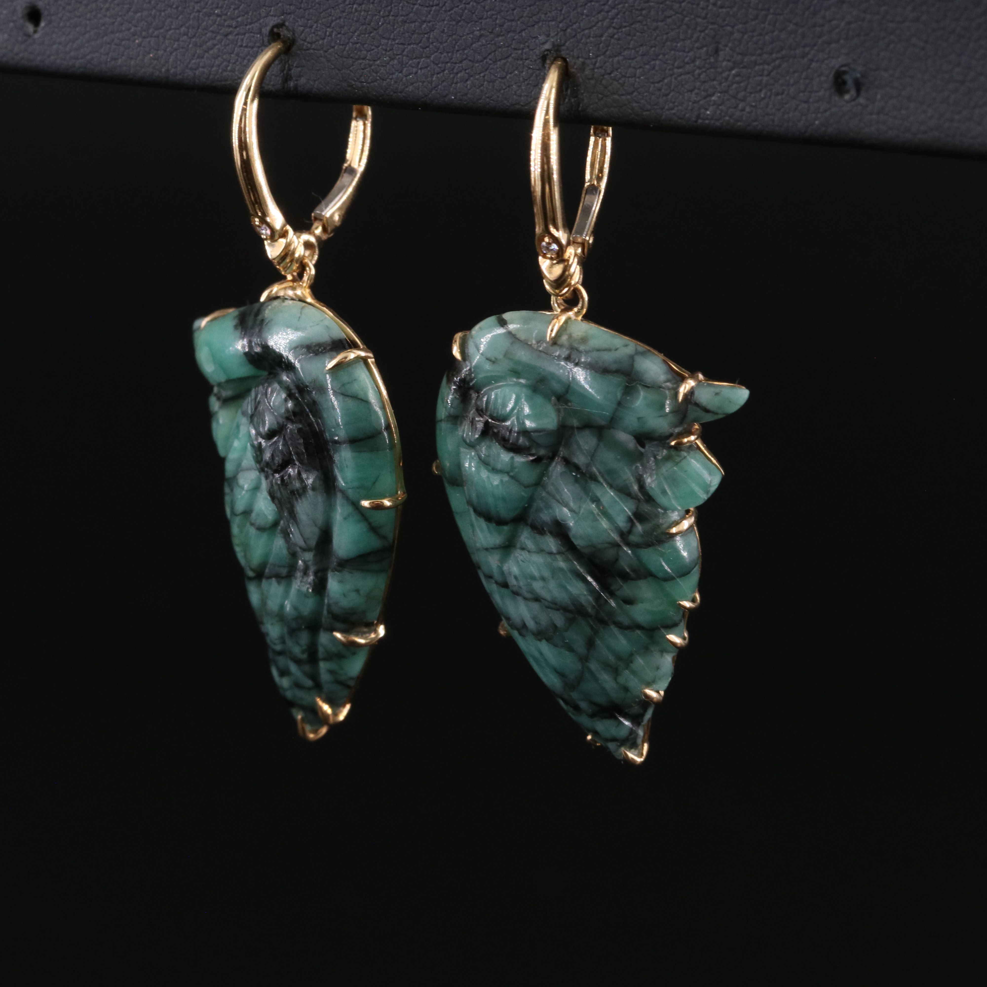 Chromia 18K Beryl and Diamond Carved Peacock Earrings