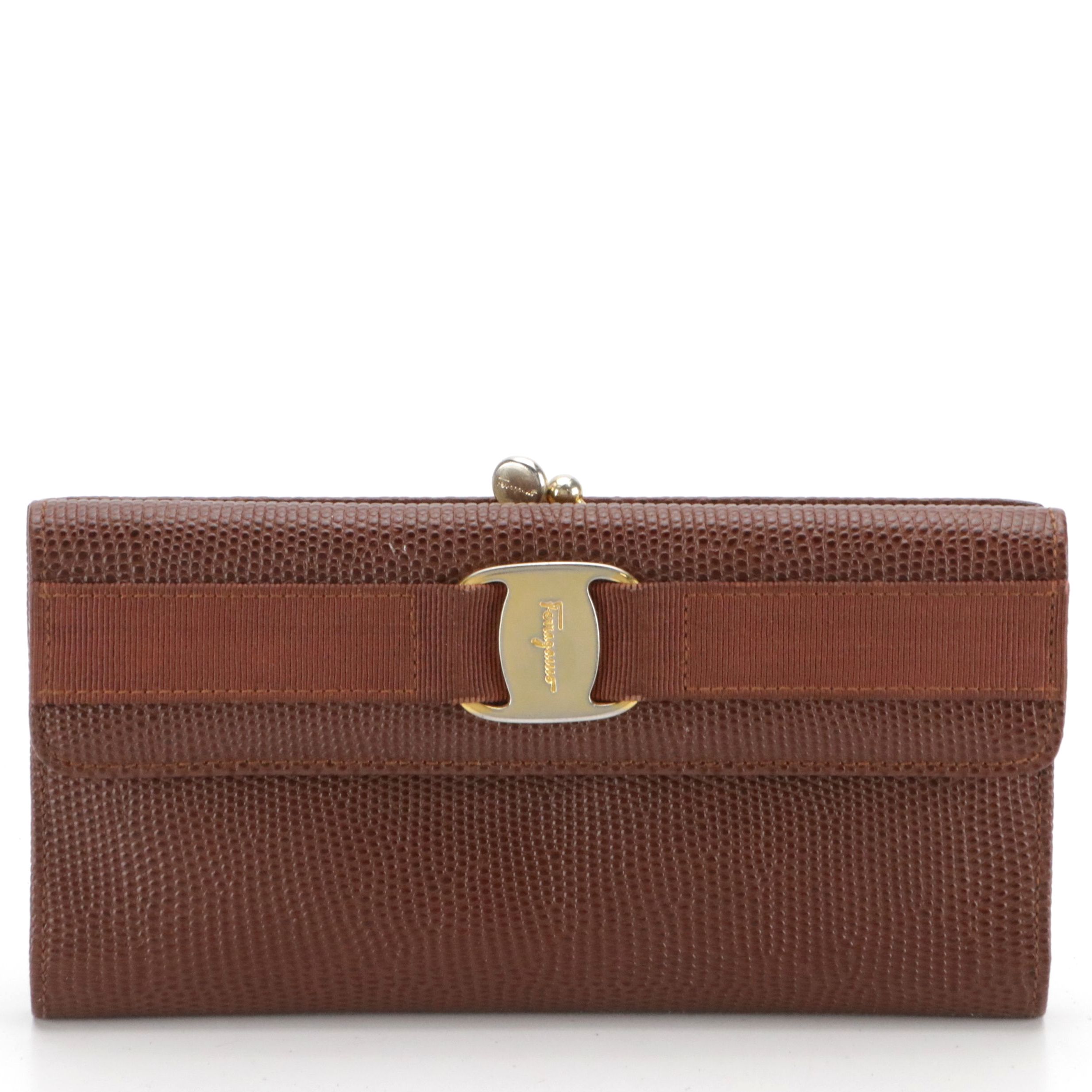 Salvatore Ferragamo Vara Ribbon Long Trifold Wallet in Lizard Embossed Leather