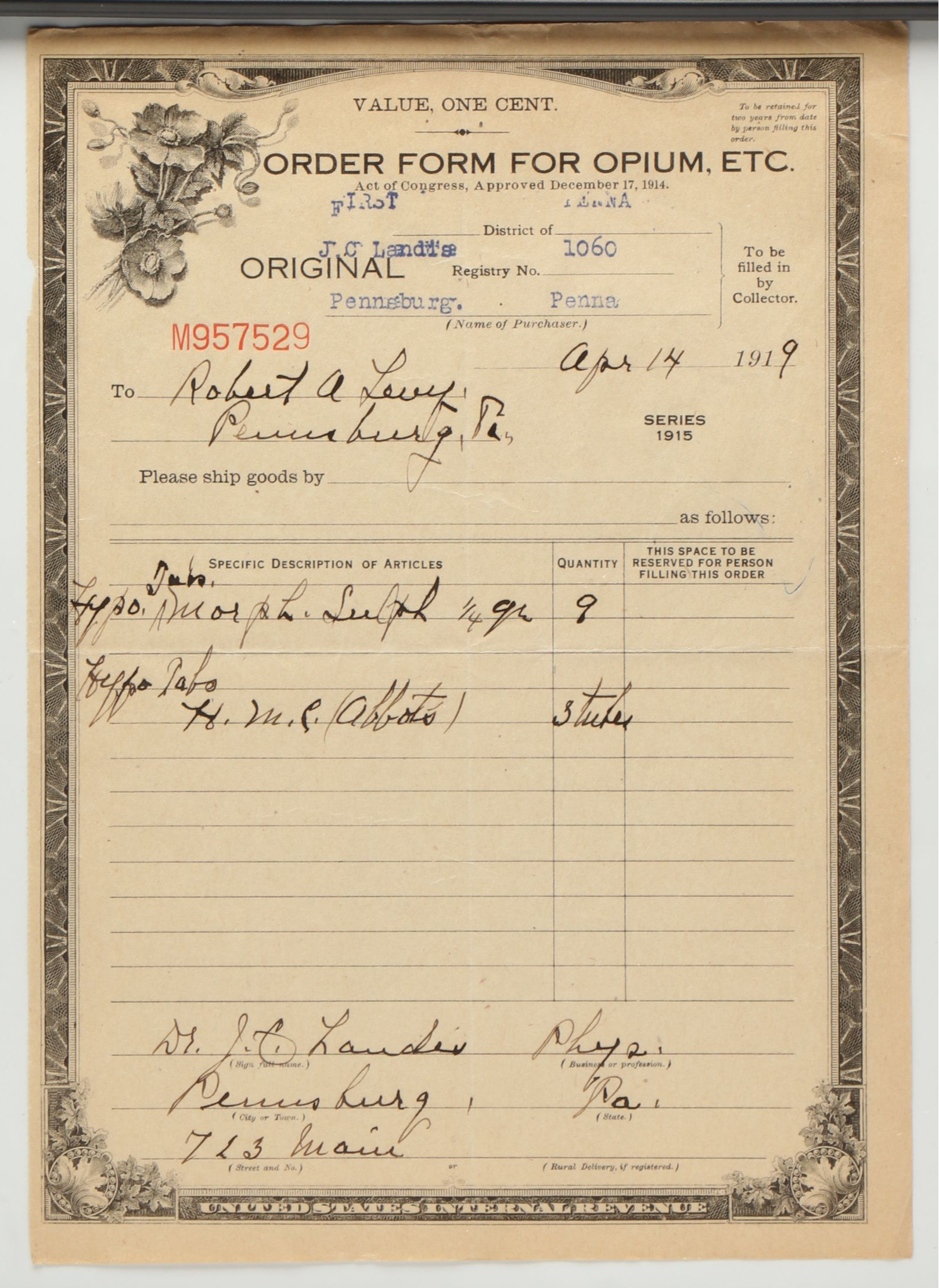 Order Form for Morphine, 1919