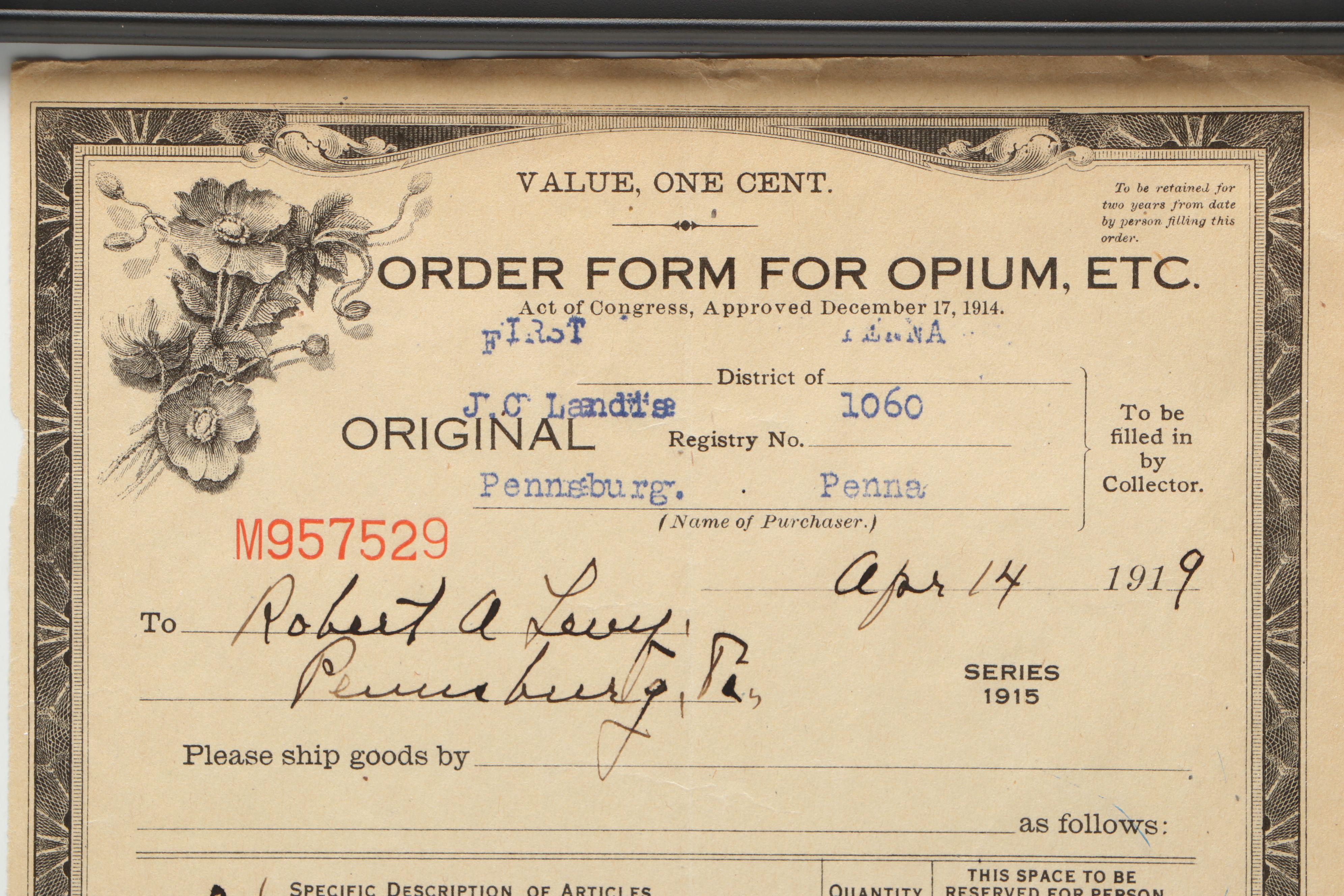 Order Form for Morphine, 1919