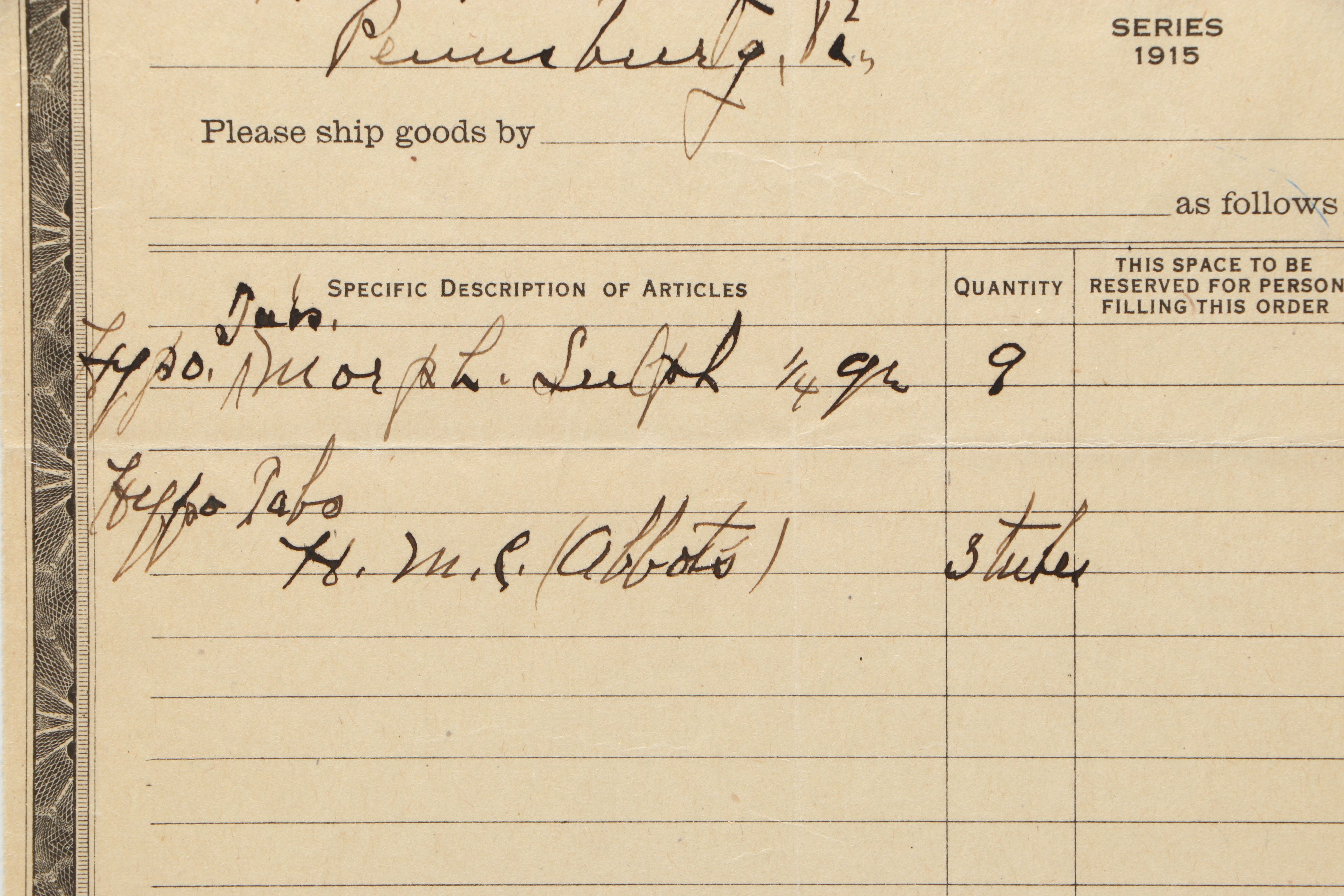 Order Form for Morphine, 1919