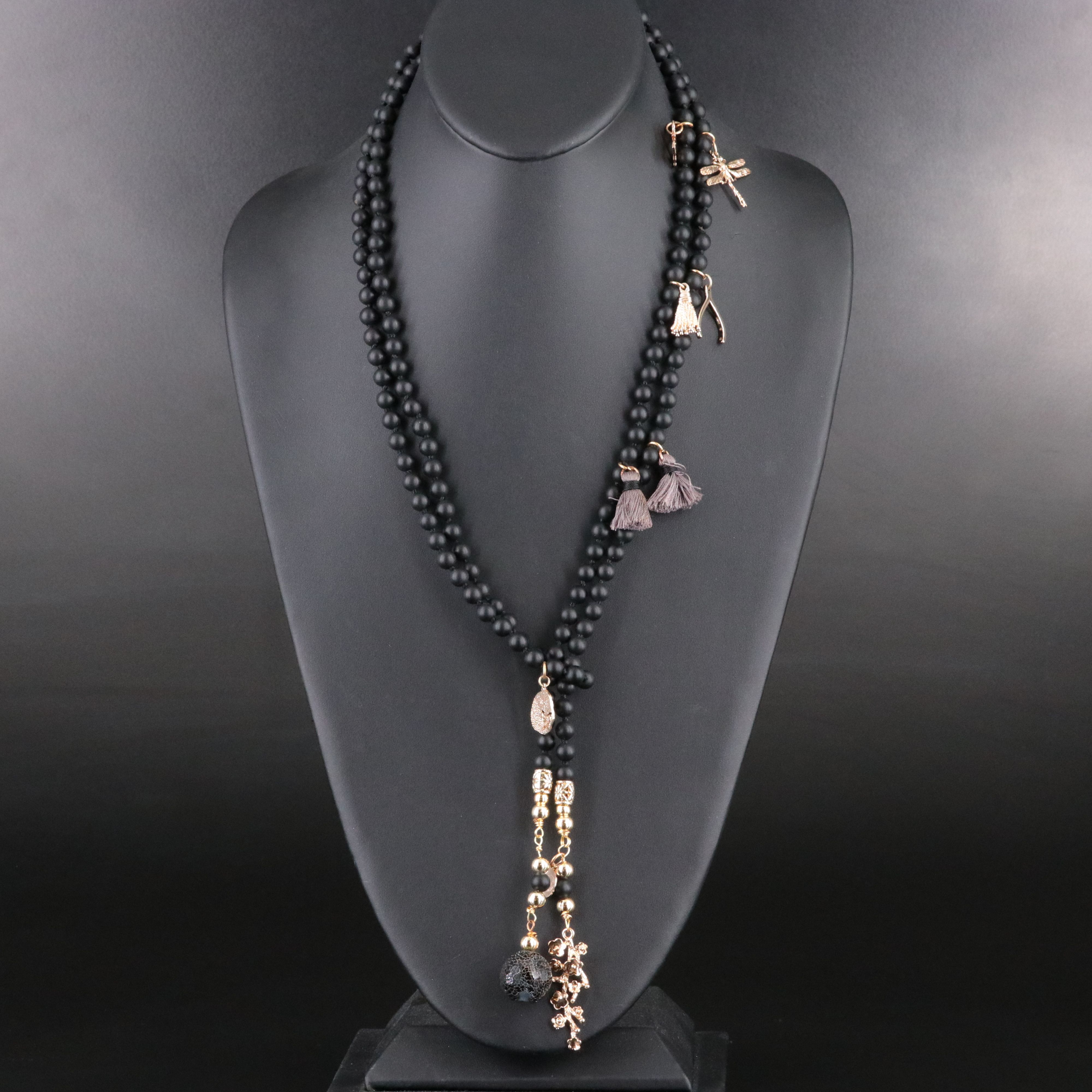 Sautoir Agate and Black Onyx Necklace with Charm Stations