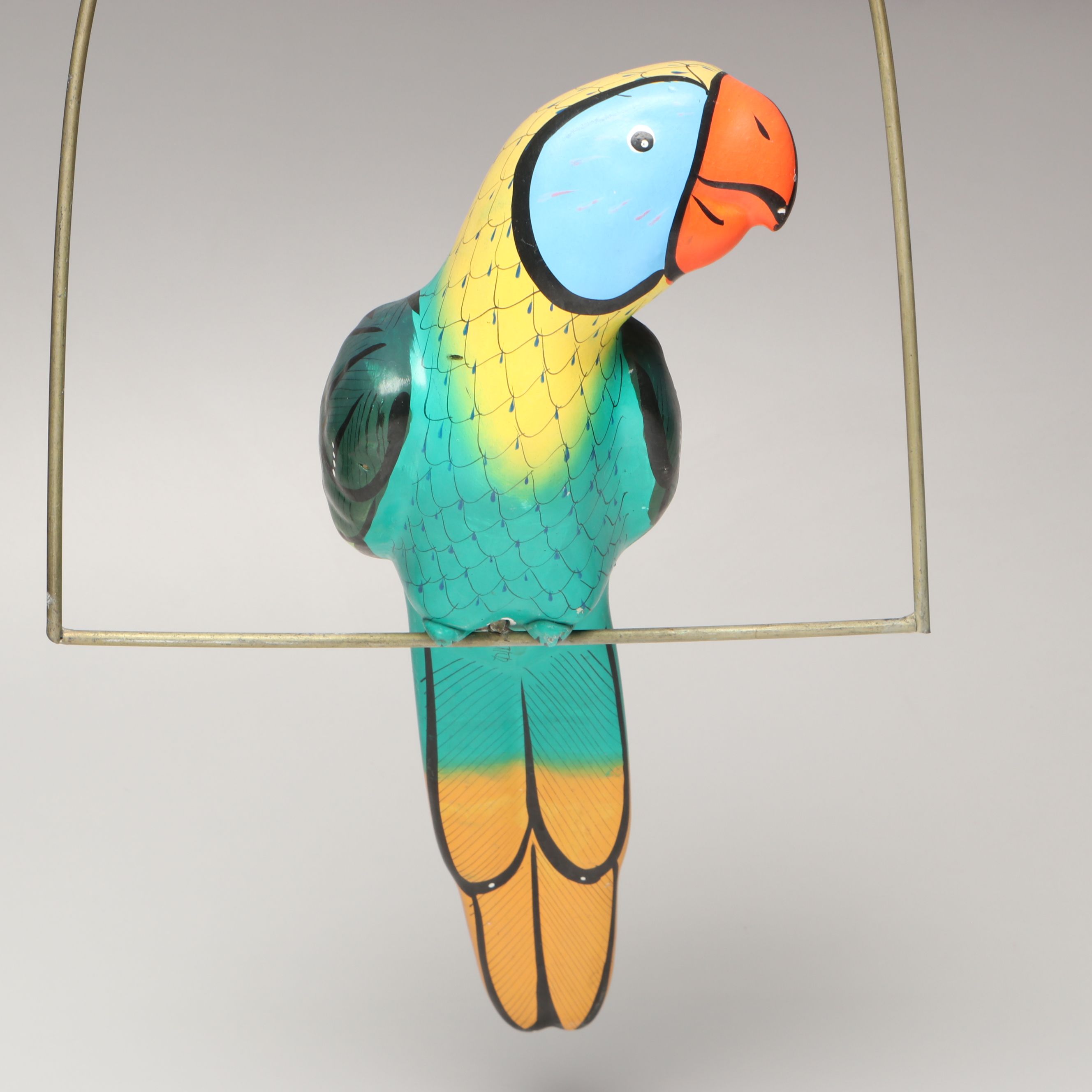 Mexican Hand-Painted Ceramic Parrot with Hanging Metal Perch