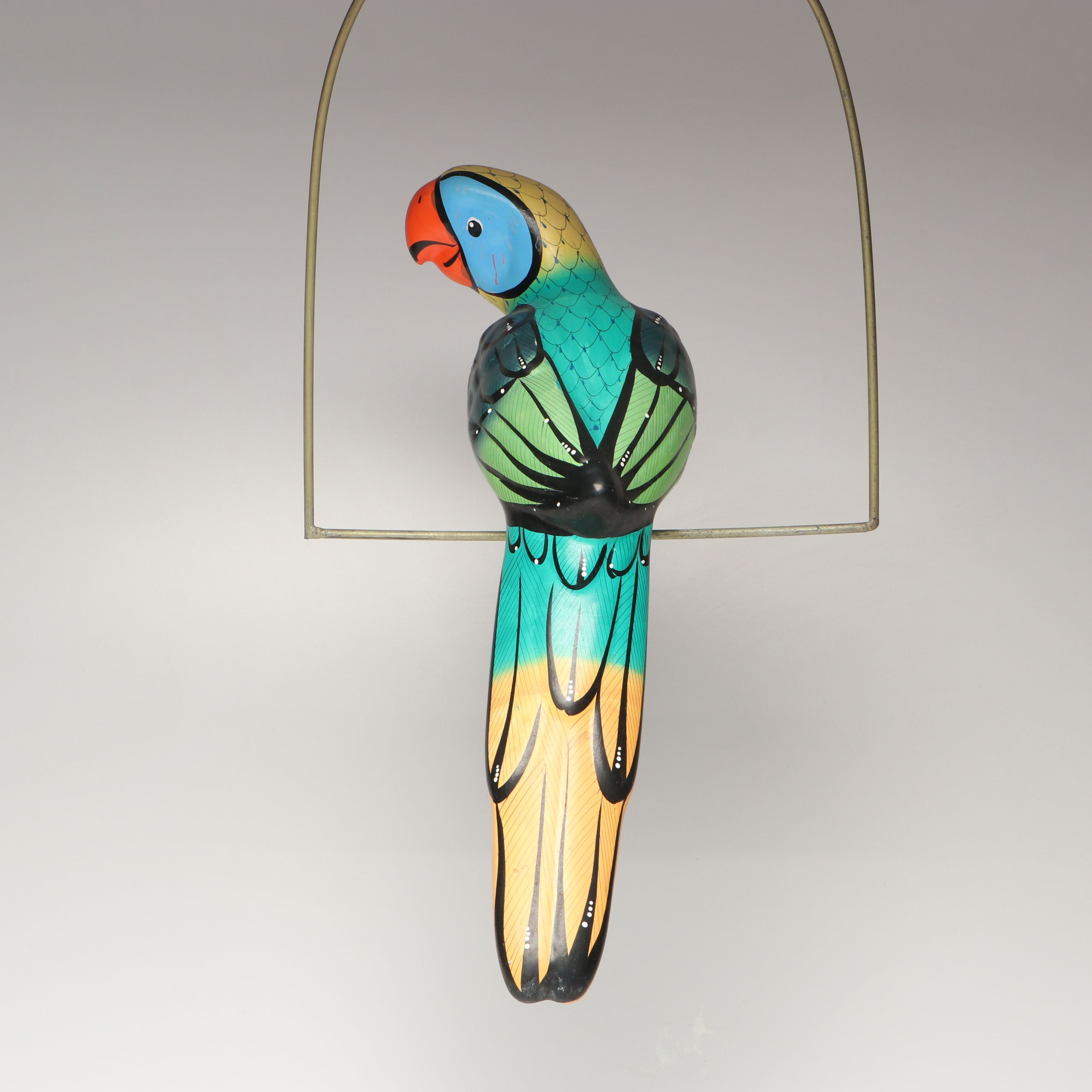 Mexican Hand-Painted Ceramic Parrot with Hanging Metal Perch