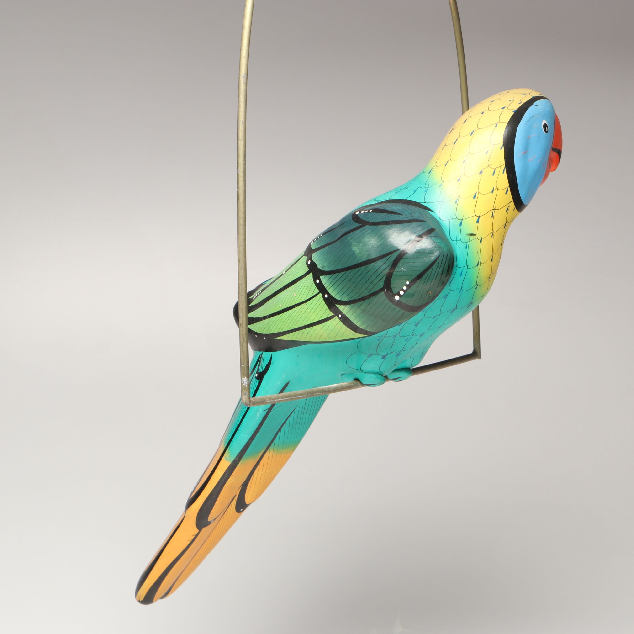 Mexican Hand-Painted Ceramic Parrot with Hanging Metal Perch