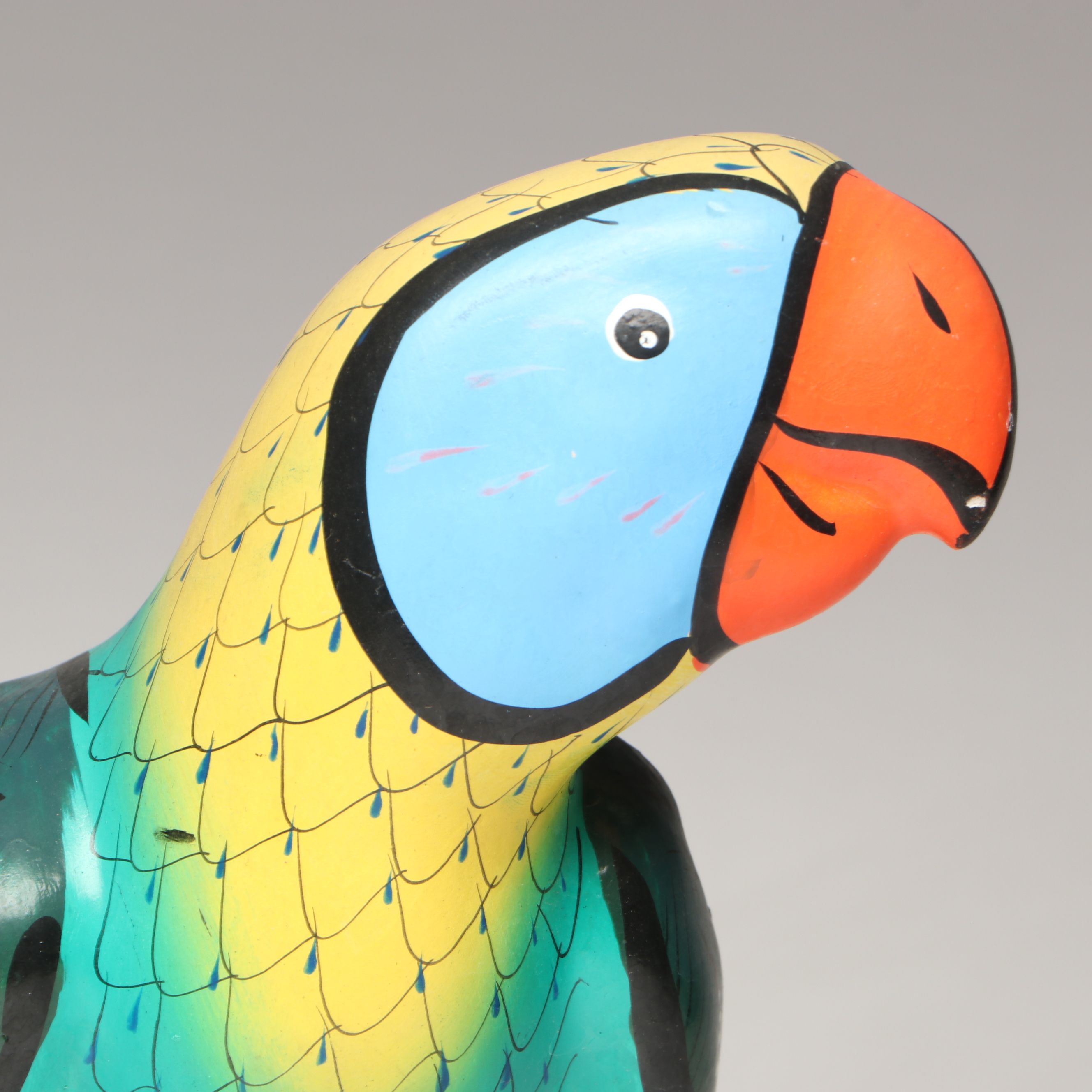 Mexican Hand-Painted Ceramic Parrot with Hanging Metal Perch