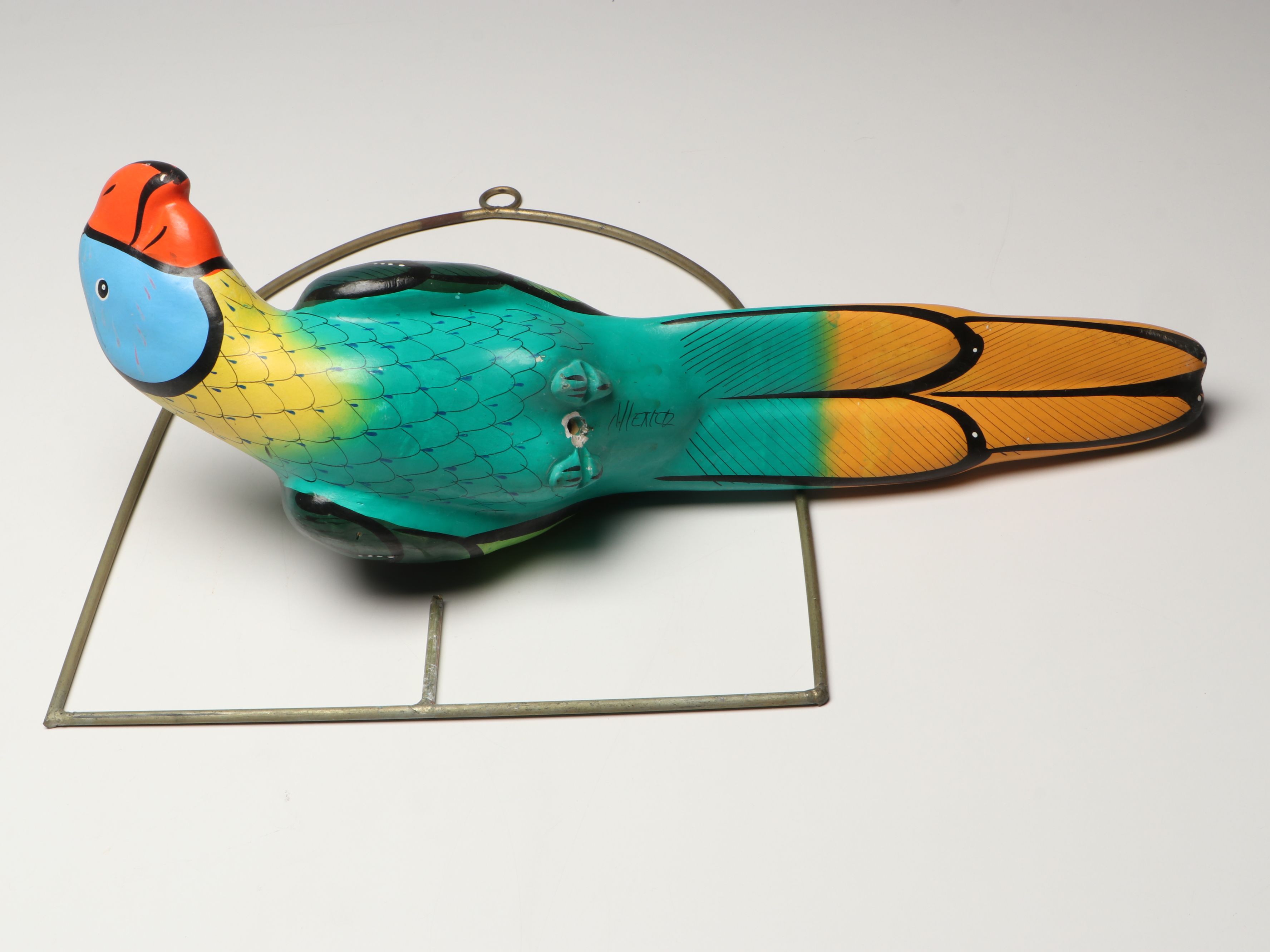 Mexican Hand-Painted Ceramic Parrot with Hanging Metal Perch