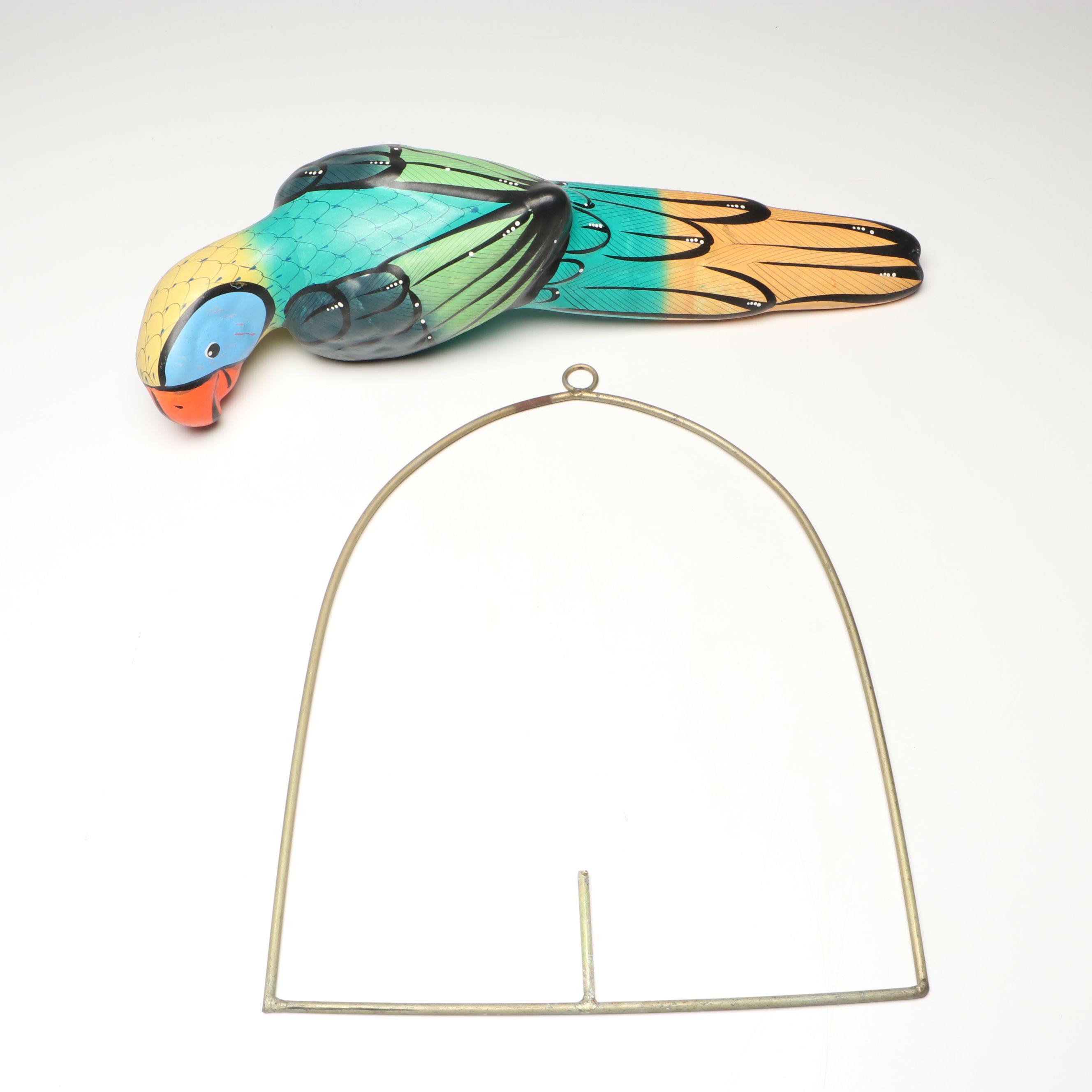 Mexican Hand-Painted Ceramic Parrot with Hanging Metal Perch