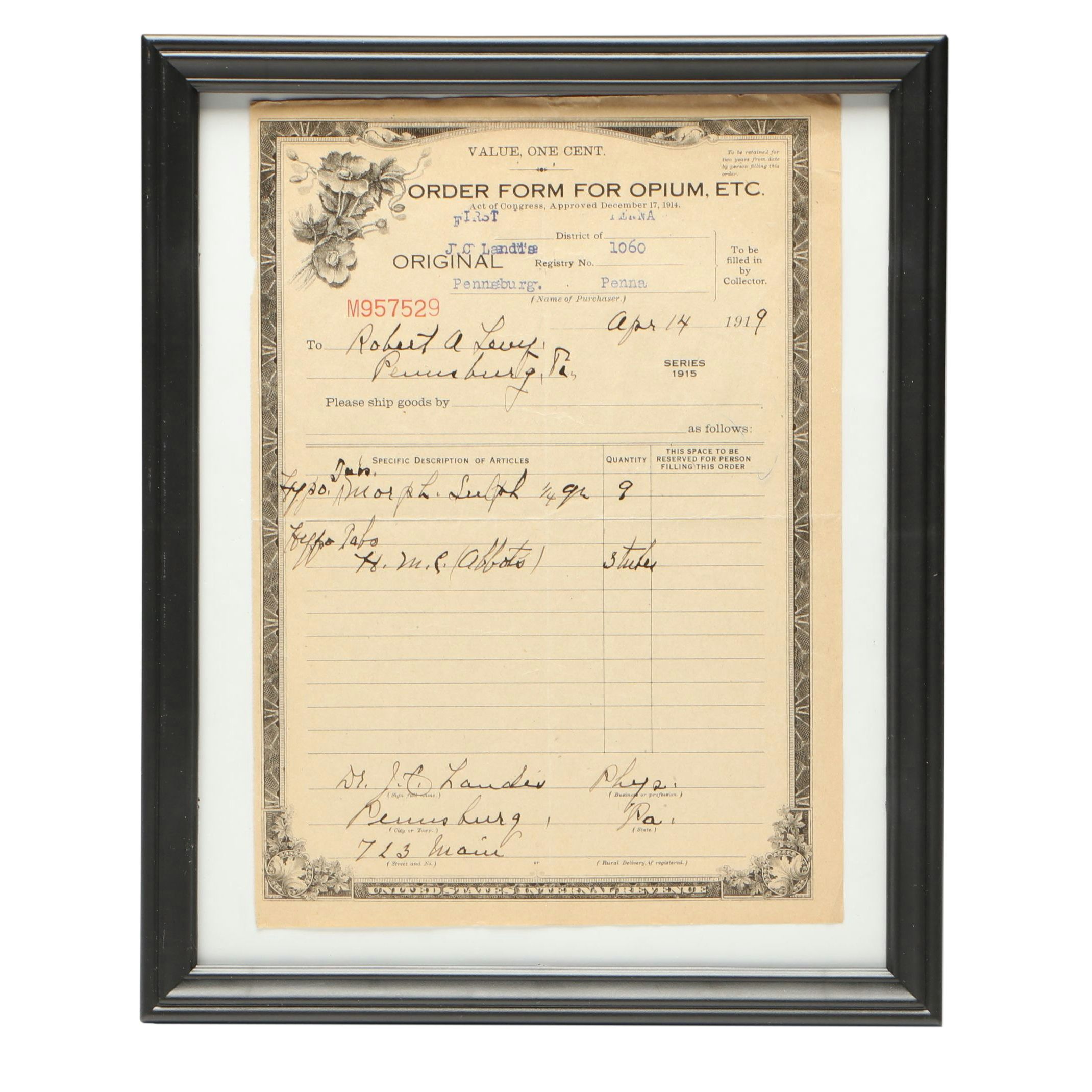 Order Form for Morphine, 1919