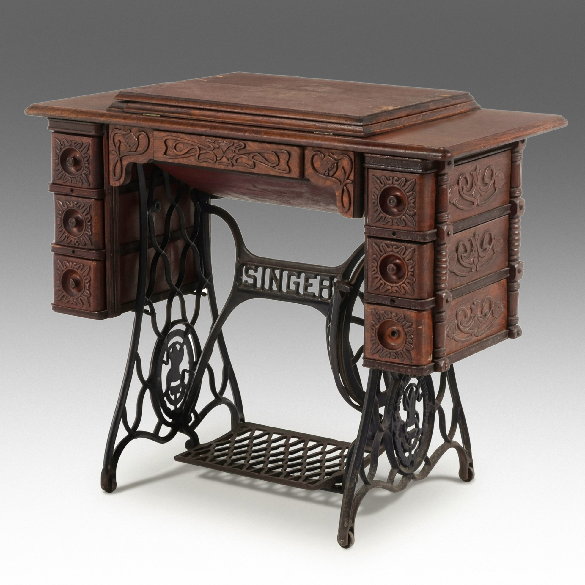 Singer Sewing Machine Model 27 with Treadle and Oak Cabinet, 1903